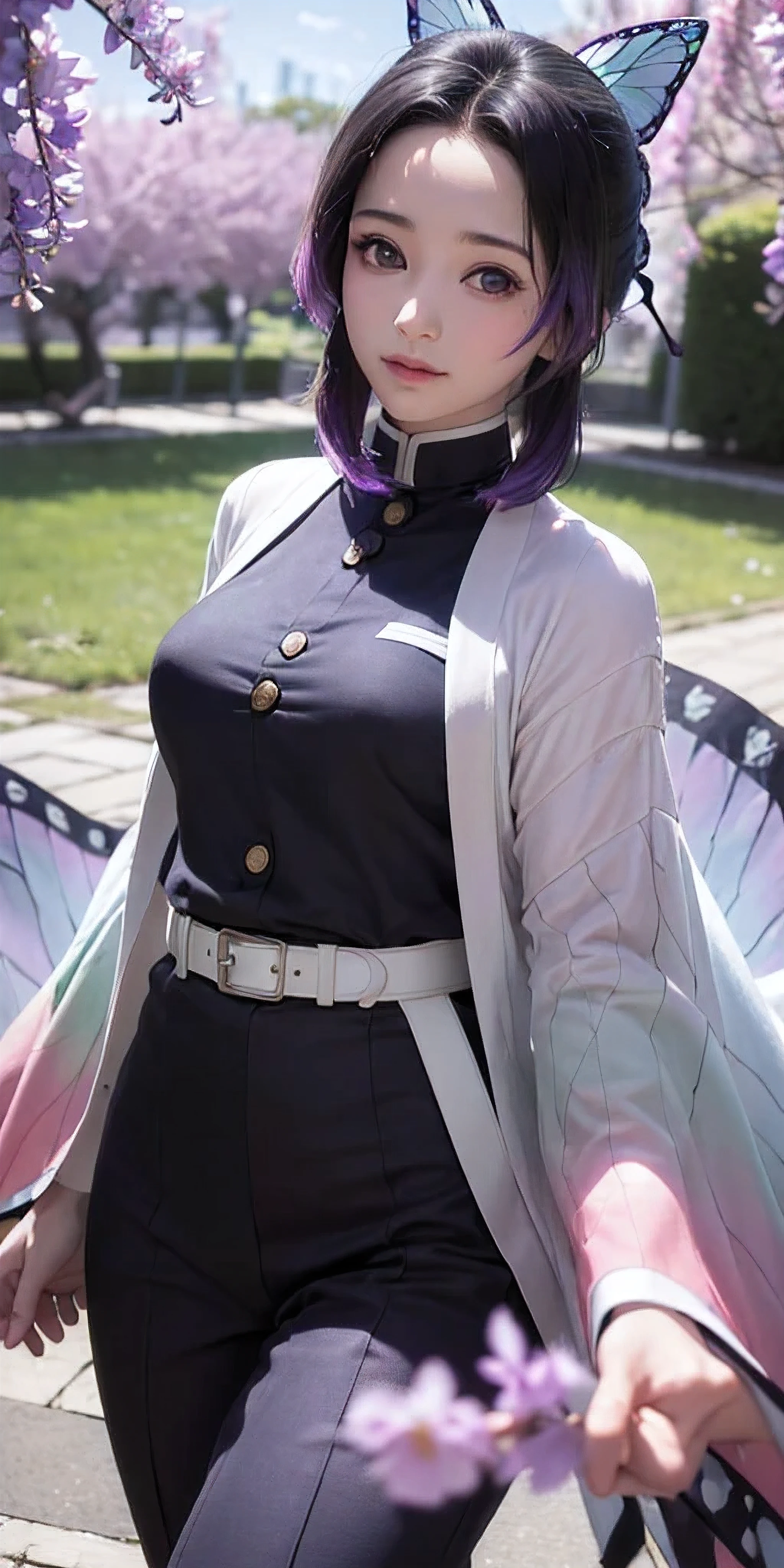 Ultra-realistic 8k CG,masterpiece,((ultra-detailed background, delicate pattern, intricate details)),best quality,very detailed face,extremely detailed eyes and face,extremely detailed eyes,kochou shinobu,multicolored hair,hair intakes,purple eyes,forehead,black shirt,black pants,haori,butterfly,buttons,belt,(Garden:1.2),purple flower,chibi,cloudy sky,sunlight,Tindal effect,gradient_sky,face,Gorgeous sky,Waist Sabre,Charming posture,