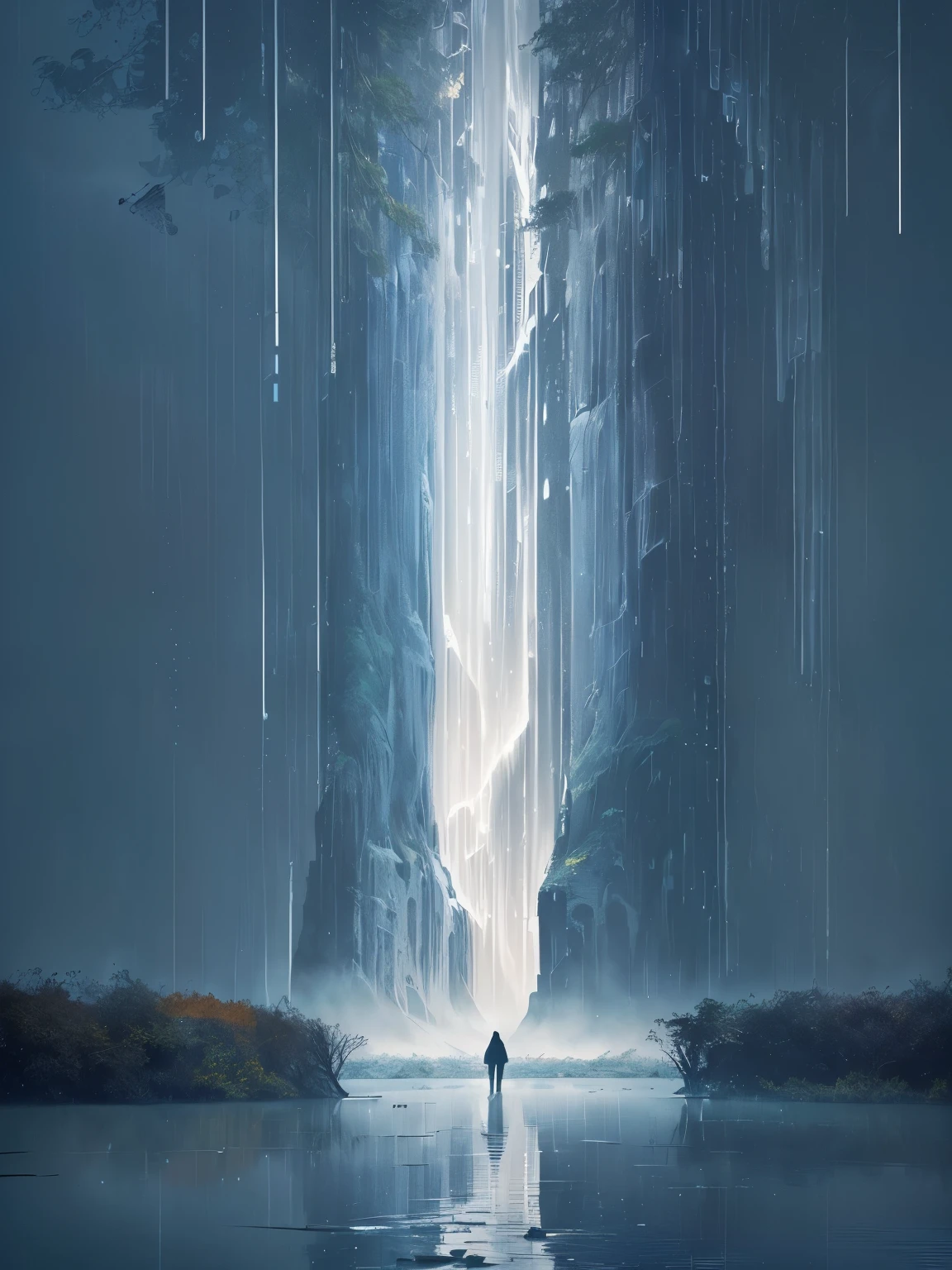 there is a man standing in the water with a Fall, solitude under a Fall, Absolutely outstanding image, inspired author：Hugh Ferris, an endless Fall, Rain, author：Hugh Ferris, Fall, under Fall, heavy rain, Inspired by Christopher Balaskas, under a Fall, Xin Haicheng. —h 2160, rain