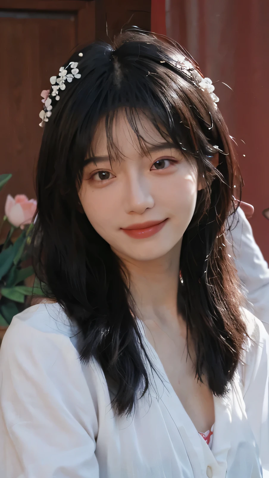 best quality， Ultra-high resolution， （Realistically：1.4），Cute hairpin，Baoyu Girl，European style apartment，（flat chest：1.2） ，A pair of clear and charming peach blossom eyes,Royal sisters，Sunshine on the face，Big wavy hairstyle，（necklace：1.2），（White skin：1.4），a sense of atmosphere，A beautiful girl， Smile，Look directly at the audience， Cleavage close-up ，(lifelike:1.4),1 girl,Sexy,(Upper Body:1.4),(wet),(:1.2)