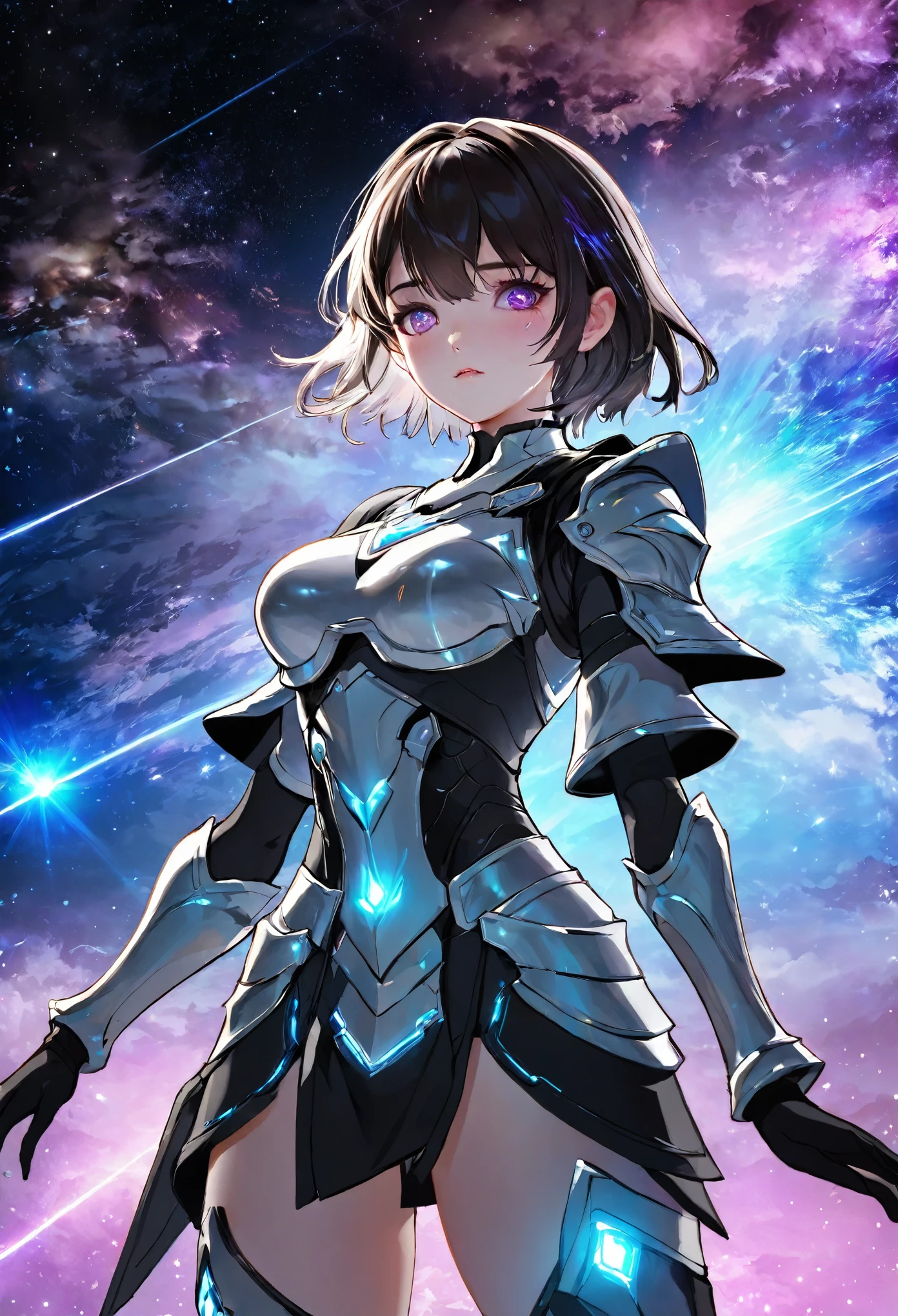 ((knee shot)), ((A boy and a yinji girl)), ((Long shot)), ((Armor, battle stance)), 4k ultra hd, masterpiece, good face, detailed eyes, detailed lips, neon lights, Standing posture, (galaxy background:1.5), in the heaven,