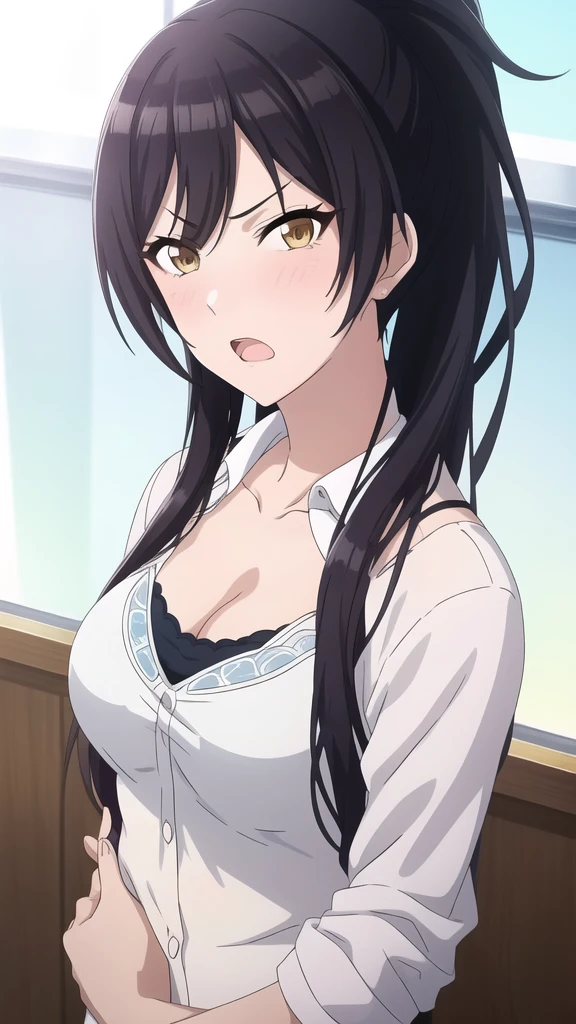 masterpiece, high quality, 8k, Beautiful lighting,sunny day, 1 girl, alone, ,((Open your mouth)), ,,((Detailed white bra:1.3)),(Open front school uniform）,（（Yellow Eyes））,（（close up:1.5））,,, ((Upper Body)),,,Detailed face,((Mid-chest)),(Cleavage),((squinting)),　Yellow Eyes, ((blush)),　shirase sakuya　,　ponytail,　View your viewers