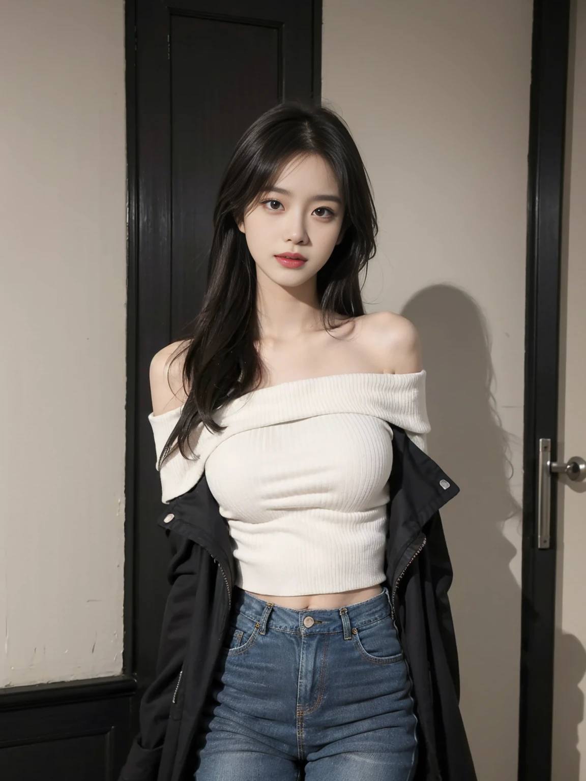 You can wear a tight-fitting top with off-the-shoulder design，Pair with a pair of straight jeans，Highlight upper body advantages。
Long black coat with slim black dress，Weakens hip and thigh lines。