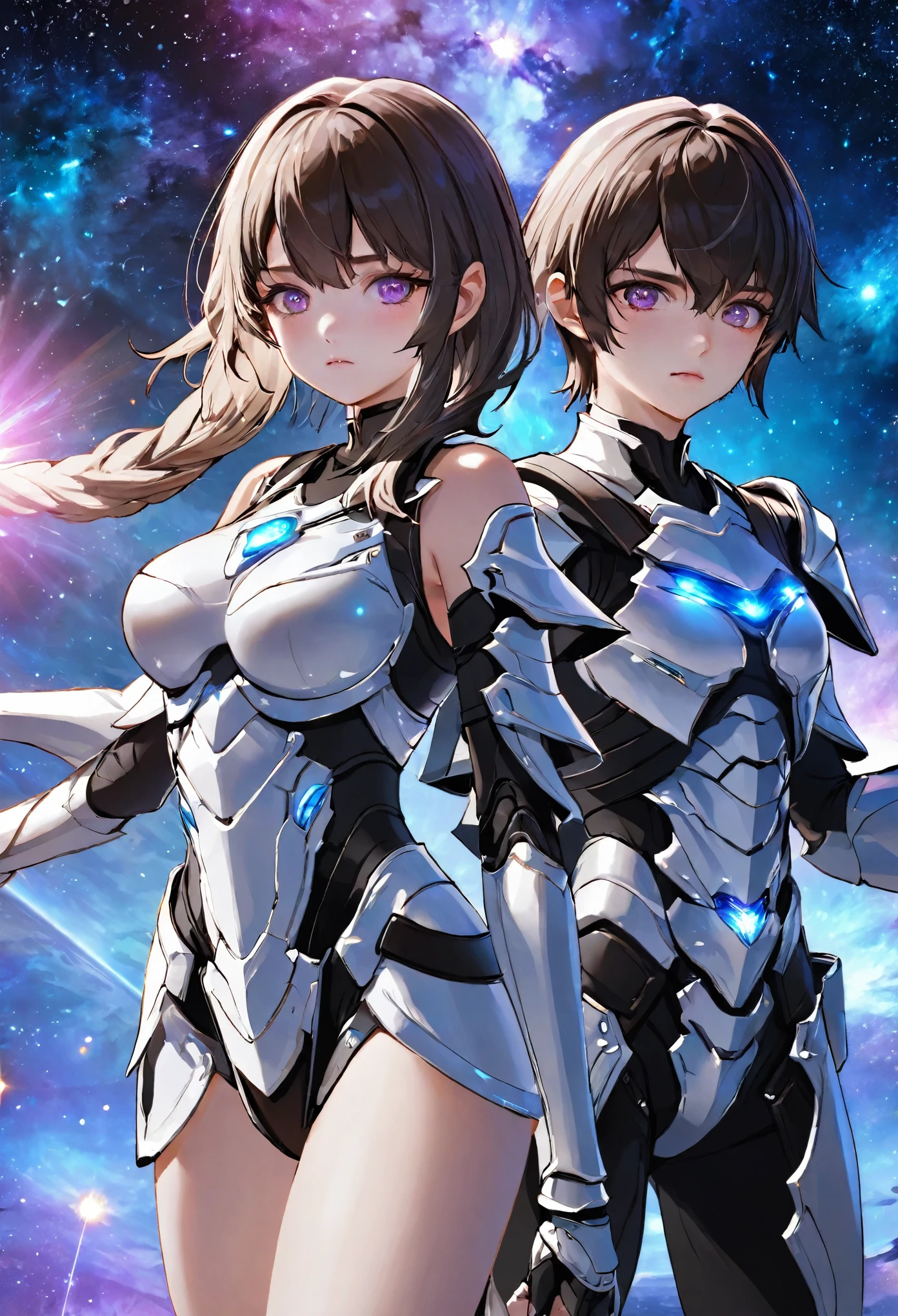 ((knee shot)), ((A boy and a yinji girl)), ((Long shot)), ((Armor, battle stance)), Two-man match, 4k ultra hd, masterpiece, good face, detailed eyes, detailed lips, neon lights, Standing posture, (galaxy background:1.5), in the heaven,