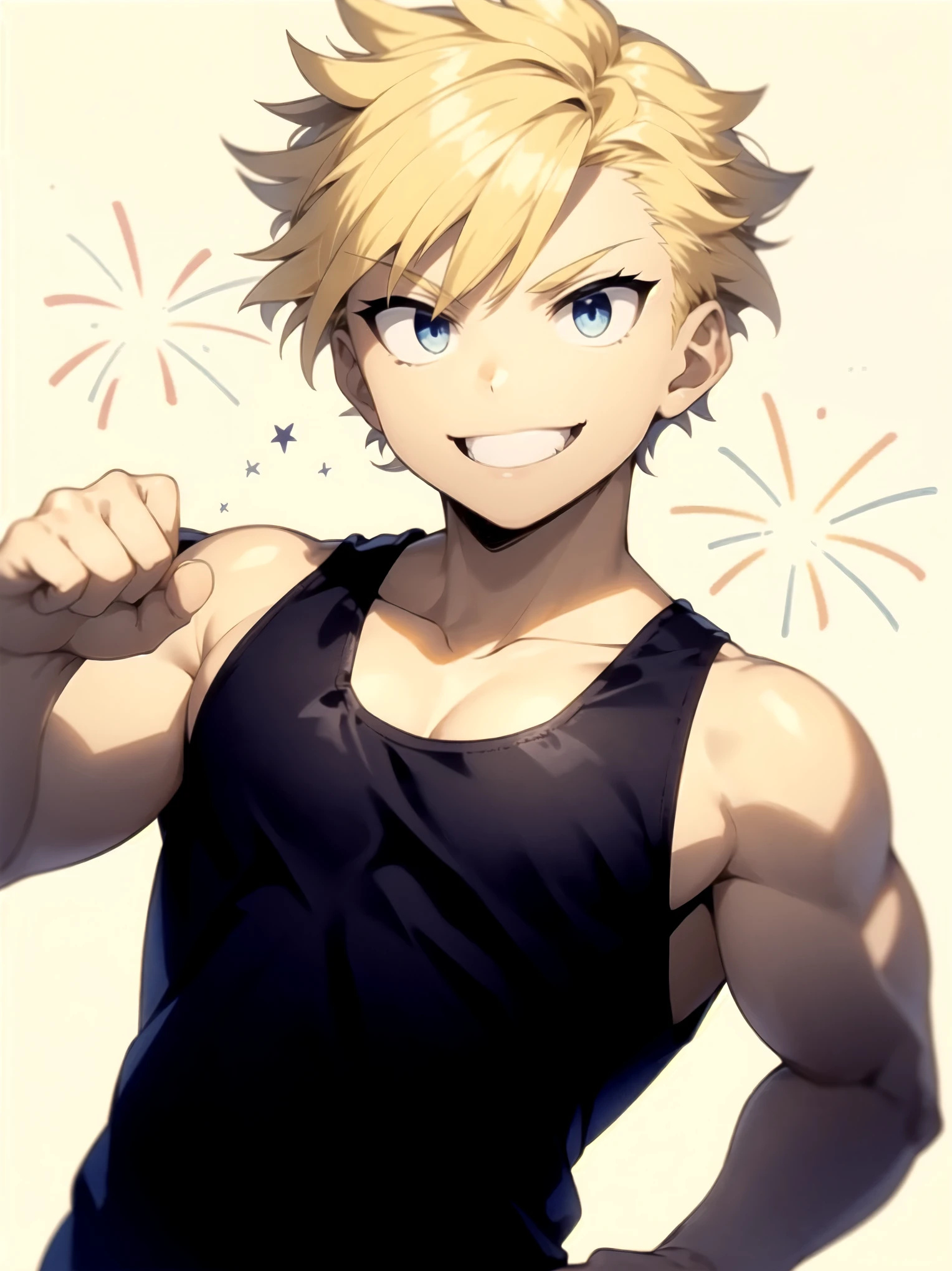 1 boy,be glad,(victory pose),Blonde hair, sharp eyes, blue eyes,smile,Plain Black tank top,white background,firework,(detailed eyes),detailed skin,masterpiece