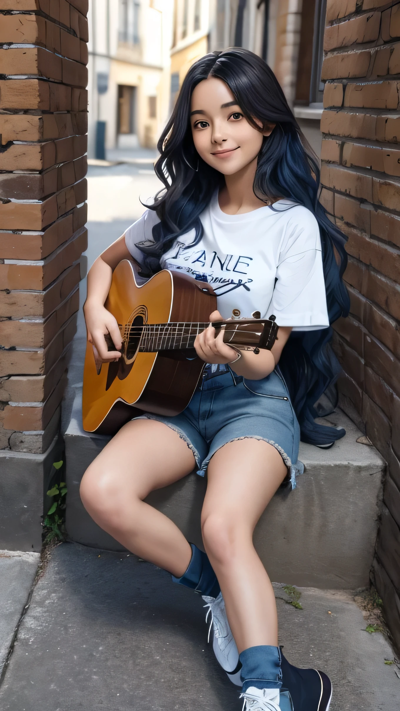 une jeune femme dans la vingtaine, with long wavy blue hair of a soft brown framing a delicate face. Her warm smile lights up her face and transmits positive energy. Nous voyons tout son corps. Elle a une jupe noire et un teeshirt. elle porte aussi des chaussures noires. she's playing guitar