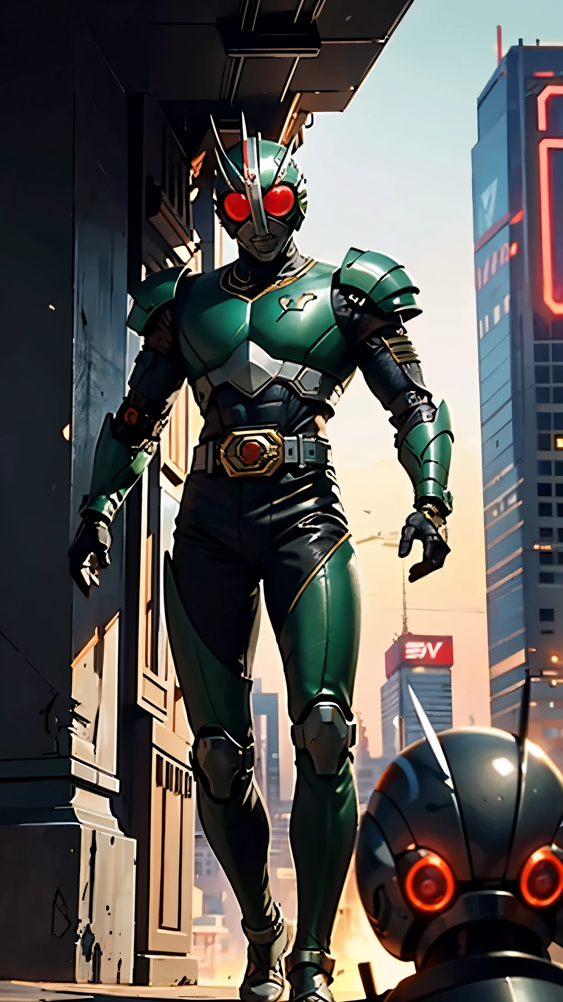 A man wearing a full-face helmet, a fantasy-style biotech armored combat suit, green eyes, (a composite layered chest armor), fully enclosed shoulder guards, matching arm and leg guards, the belt is adorned with exhaust pipes, (the color scheme is primarily black glow with green and red accents), the design balances heavy with agility, a high-tech bio-mecha armor, (Armor Concept Inspired by Cyberpunk motorcycle, stand on the top of a skyscraper in a futuristic sci-fi city), this character embodies a finely crafted fantasy-surreal style armored hero in anime style, exquisite and mature manga art style, (battle damage, element, plasma, energy, the armor glows), ((male:1.5)), metallic, real texture material, dramatic, high definition, best quality, highres, ultra-detailed, ultra-fine painting, extremely delicate, professional, perfect body proportions, golden ratio, anatomically correct, symmetrical face, extremely detailed eyes and face, high quality eyes, creativity, RAW photo, UHD, 32k, Natural light, cinematic lighting, masterpiece-anatomy-perfect, masterpiece:1.5