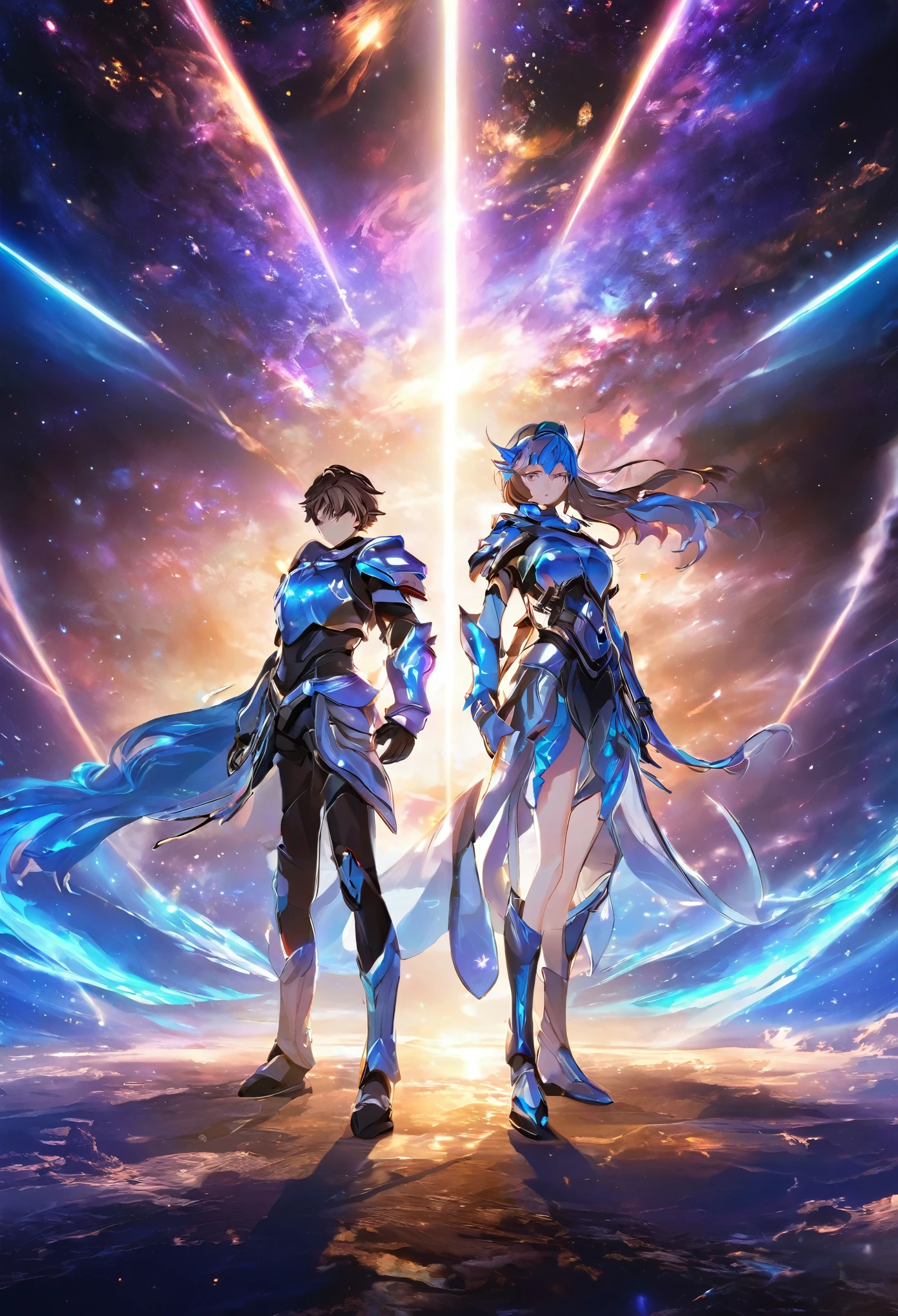 ((full body)), ((A boy and a yinji girl)), ((Long shot)), ((Armor, battle stance)), Two-man match, 4k ultra hd, masterpiece, good face, detailed eyes, detailed lips, neon lights, Standing posture, (galaxy background:1.5), in the heaven,