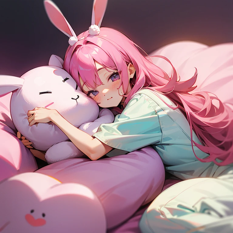 hugging a stuffed rabbit。The eye design is a heart pattern。cute。Pink hair。Lying down。