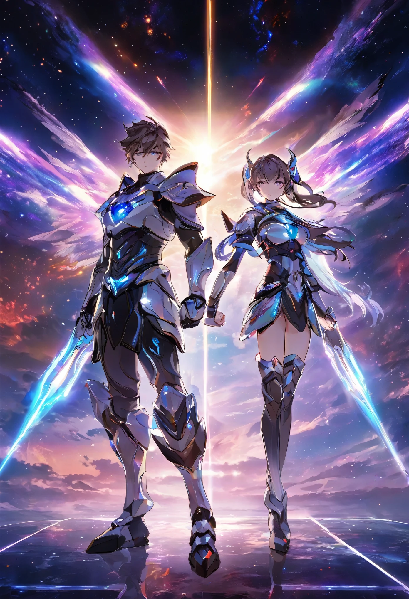 ((full body)), ((A boy and a yinji girl)), ((Long shot)), ((Armor, battle stance)), Two-man match, 4k ultra hd, masterpiece, good face, detailed eyes, detailed lips, neon lights, Standing posture, (galaxy background:1.5), in the heaven,