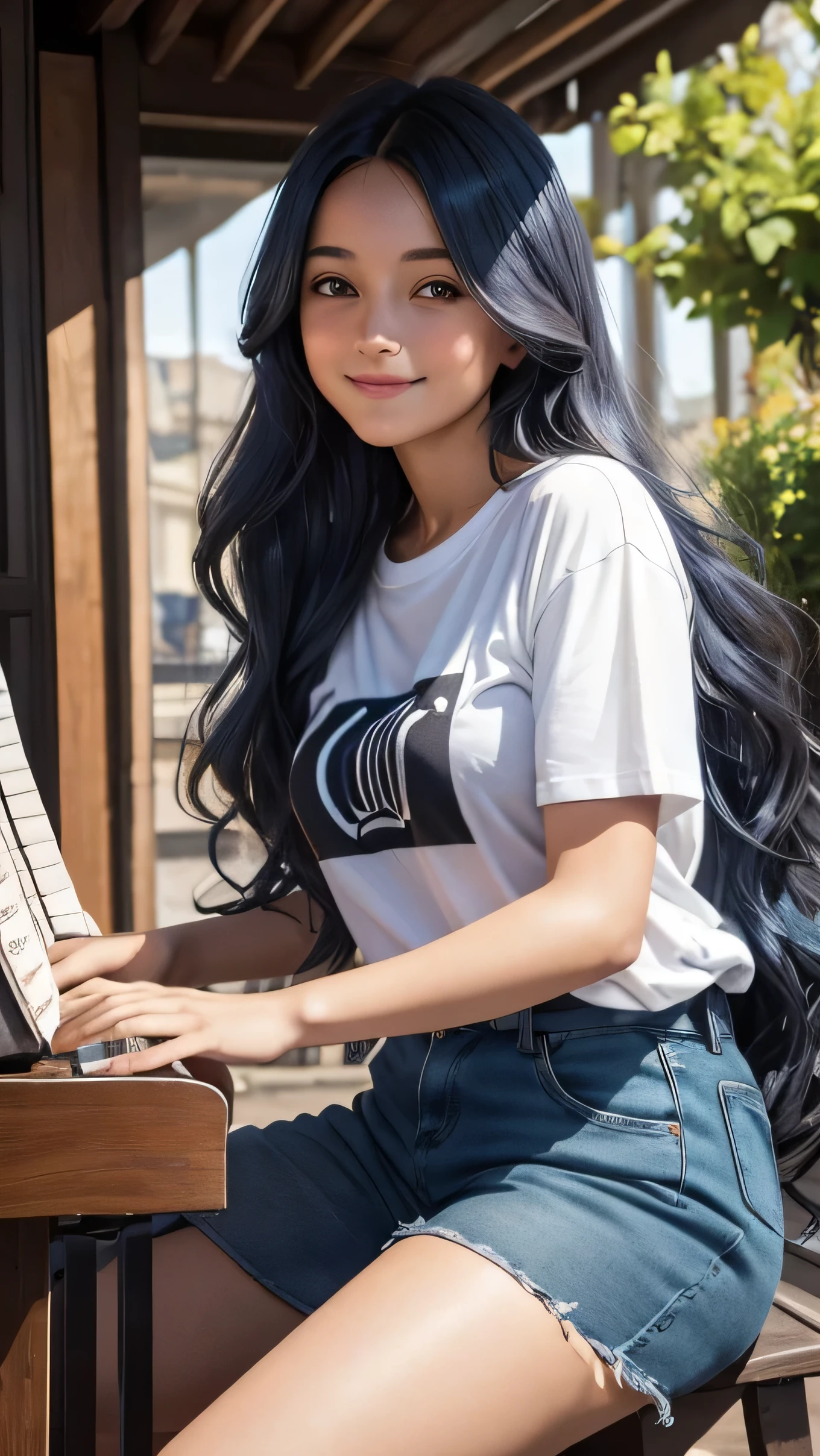 une jeune femme dans la vingtaine, with long wavy blue hair of a soft brown framing a delicate face. Her warm smile lights up her face and transmits positive energy. Nous voyons tout son corps. Elle a une jupe noire et un teeshirt. elle porte aussi des chaussures noires. she's playing piano