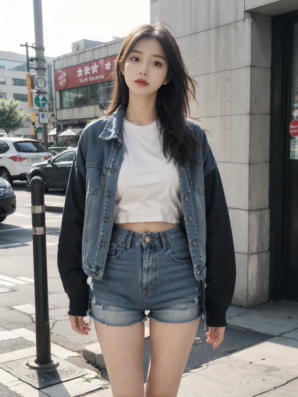 Wear a loose round neck T-shirt,Wear a long denim jacket,Wear a pair of black high waist shorts,It can cover the abdomen and make the legs look longer。