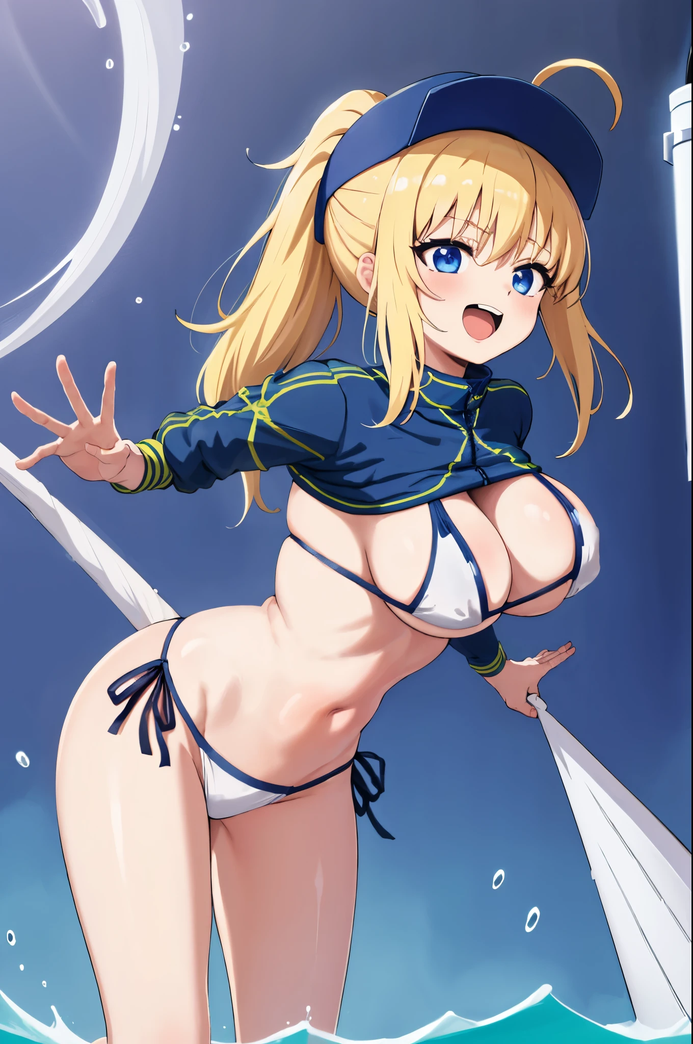 masterpiece,(ultra-detailed),1girl, mysterious heroine xx \(fate\), half_eyes,smile,open mouth, swimsuit, white bikini, side-tie bikini bottom, shrug \(clothing\), jacket,  thigh strap, wristband,  large_breasts, ocean, splashing,blonde_ponytail,open_legs,cap,happiness,