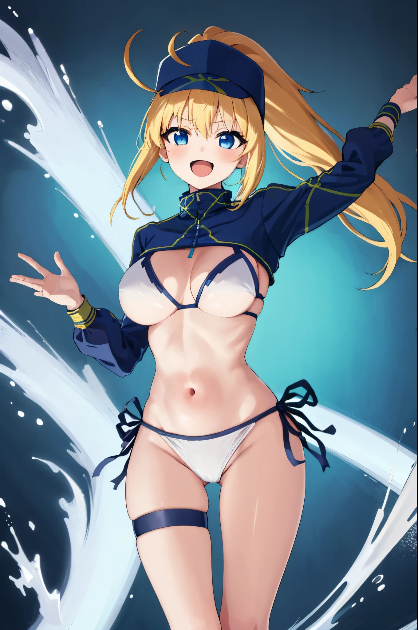 masterpiece,(ultra-detailed),1girl, mysterious heroine xx \(fate\), half_eyes,smile,open mouth, swimsuit, white bikini, side-tie bikini bottom, shrug \(clothing\), jacket, thigh strap, wristband, large_breasts, ocean, splashing,blonde_ponytail,open_legs,cap,happiness,