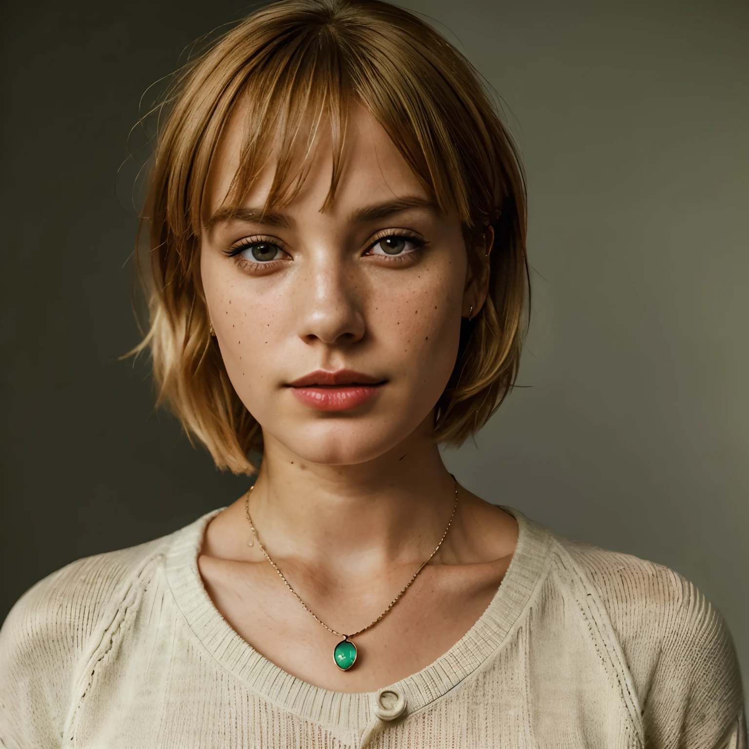 Prompt: a beautiful female model, a beautiful young woman with short hair, bangs, blonde hair, hair between eyes, jewelry, parted lips, necklace, sweater, lips, portrait, facing viewer, freckles, realistic, red lips, realistic girl, best tone, real , raw image , high quality resolution ,Negative prompt: deepnegative v1 75t), (badhandv4:1), (worst quality:1.7), (low quality:1.7), (normal quality:1.7), out of frame, lowres, bad anatomy, 