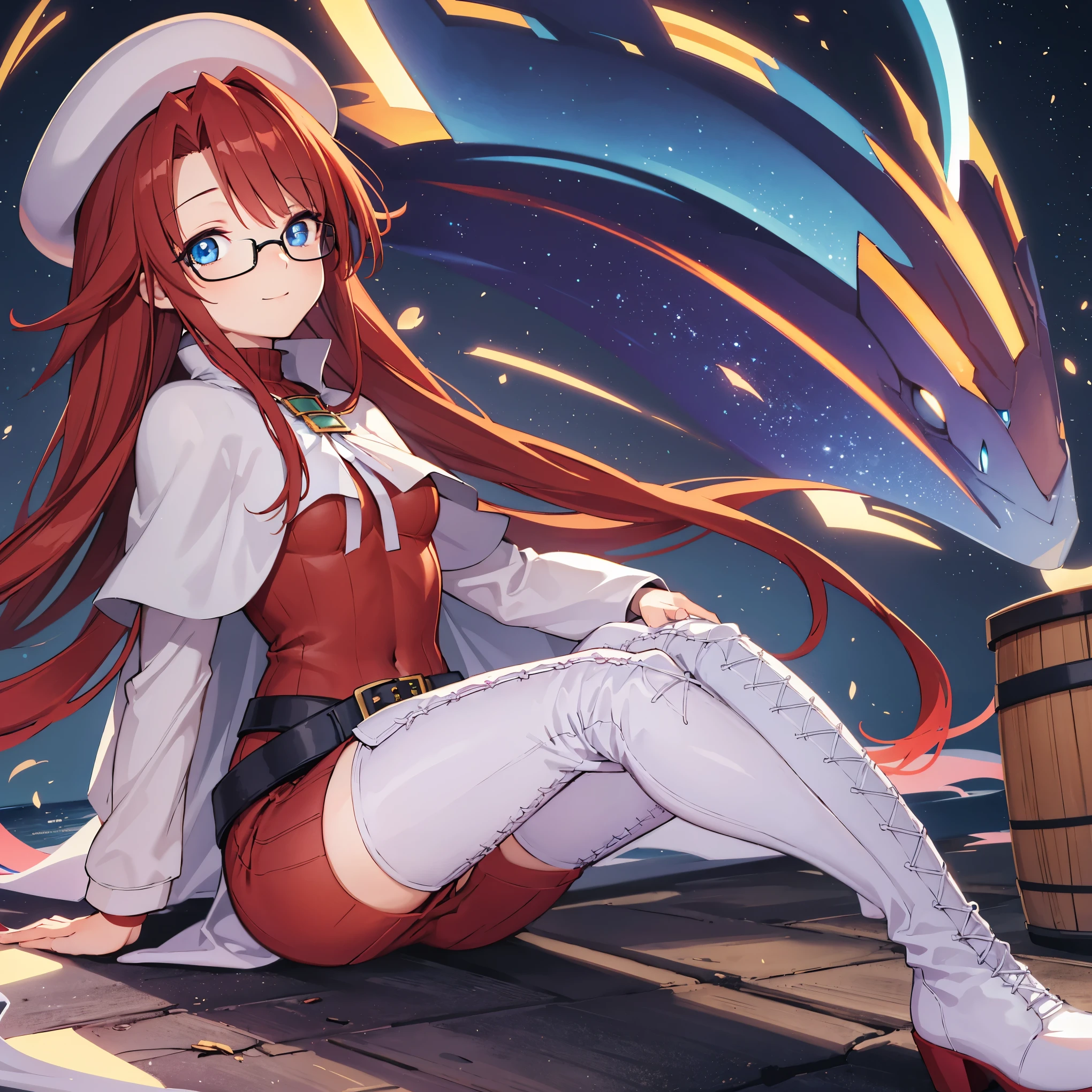 summonnightaty, aty, (young:1.3),long hair, blue eyes, red hair, large_beret, hat, glasses,
BREAK long hair, thighhighs, hat, dress, boots, glasses, belt, cape, sweater, zettai ryouiki, beret, thigh boots, white footwear, ribbed sweater, loose belt,solo,
BREAK outdoors, fantasy,on_the_ship,on_the_ship's_railing
,
BREAK (masterpiece:1.2), best quality, high resolution, unity 8k wallpaper, (illustration:0.8), (beautiful detailed eyes:1.6), extremely detailed face, perfect lighting, extremely detailed CG, (perfect hands, perfect anatomy),covered_nipples,covered_navel,light_smile ,(half_eyes:1.4),long_sword,armpit,sleepy,dynamic_fighting_pose,barrel,red_sweater,apart_legs,magical_effect,spread_legs, have_a_book,teacher,rise_knee,kind_face