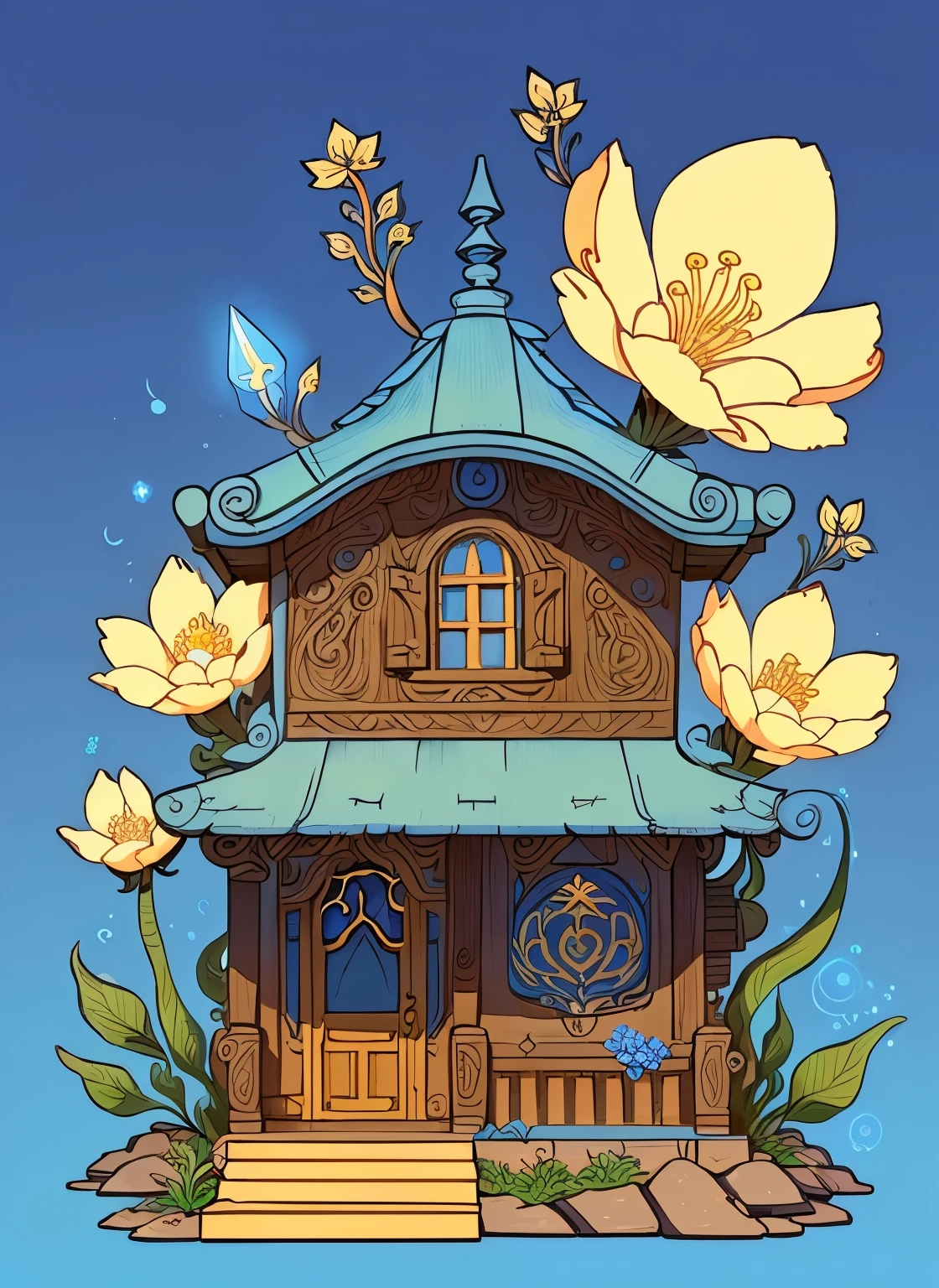Cartoon illustration of a small house with a blue roof and flowers, Stylized lines, Korean new art style animation, front,front小屋,Fantasy Architecture, Cartoon Cottage,front,Vector,Exquisite lines,masterpiece,European and American villas,Fine lines,Line Art,Extremely detailed architecture,((masterpiece,best quality)), absurd, Isometric_environment, house, magic, Luminescence,