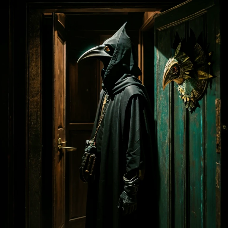 A plague doctor wearing a spooky bird mask and black accessories stands facing you through a door in the dark.。