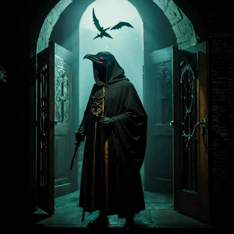 A plague doctor wearing a spooky bird mask and black accessories stands facing you through a door in the dark.。
