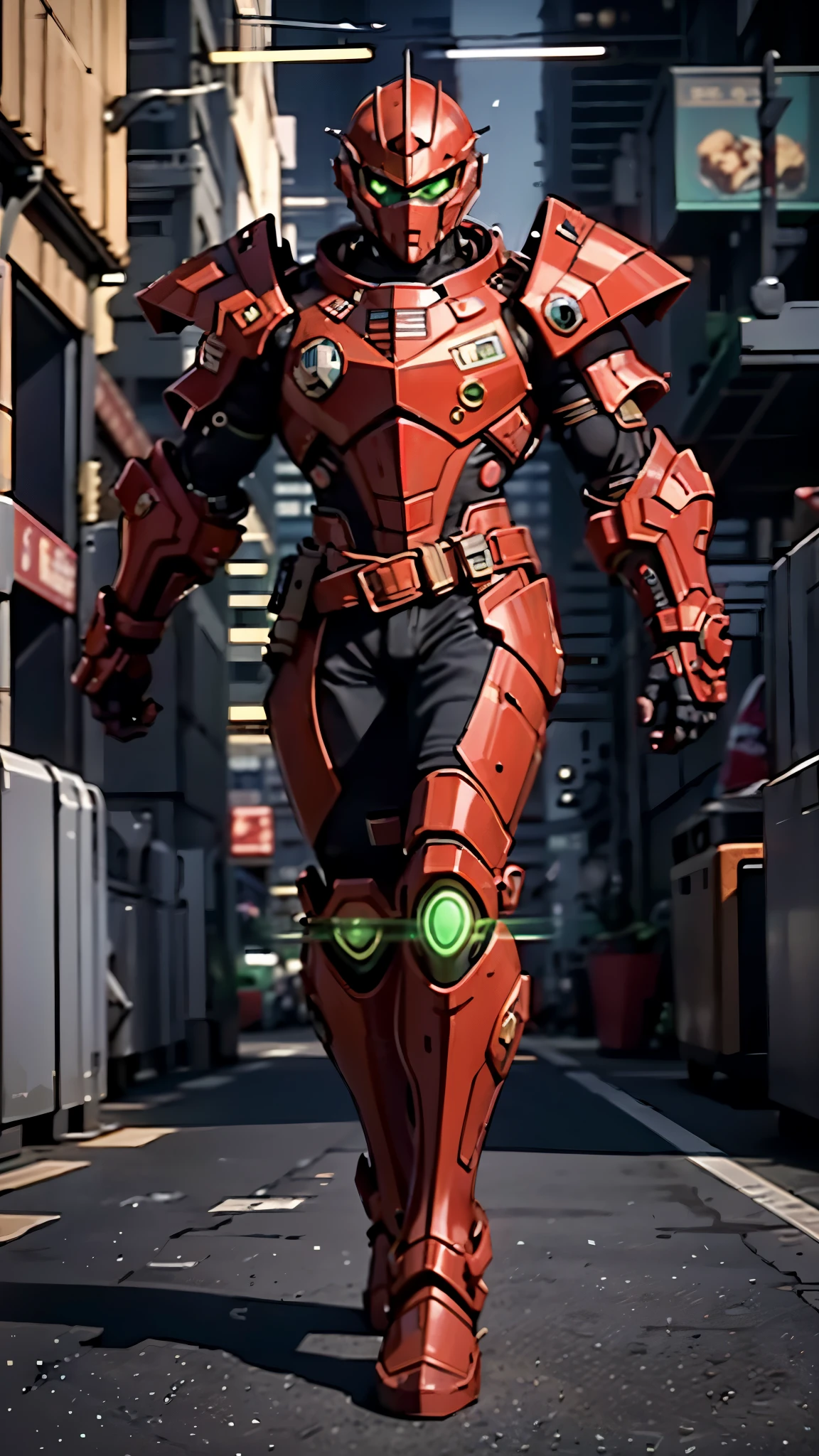 A man wearing a full-face helmet, a fantasy-style biotech armored combat suit, green eyes, (a composite layered chest armor), fully enclosed shoulder guards, matching arm and leg guards, the belt is adorned with exhaust pipes, (the color scheme is primarily black glow with green and red accents), the design balances heavy with agility, a high-tech bio-mecha armor, (Armor Concept Inspired by Cyberpunk motorcycle, stand on the top of a skyscraper in a futuristic sci-fi city), this character embodies a finely crafted fantasy-surreal style armored hero in anime style, exquisite and mature manga art style, (battle damage, element, plasma, energy, the armor glows), ((male:1.5)), metallic, real texture material, dramatic, high definition, best quality, highres, ultra-detailed, ultra-fine painting, extremely delicate, professional, perfect body proportions, golden ratio, anatomically correct, symmetrical face, extremely detailed eyes and face, high quality eyes, creativity, RAW photo, UHD, 32k, Natural light, cinematic lighting, masterpiece-anatomy-perfect, masterpiece:1.5