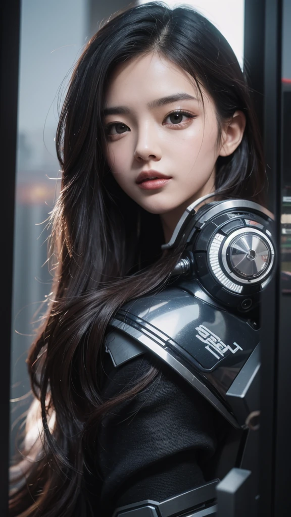 (8K, masterpiece, best quality), Extremely detailed, Delicate and beautiful round eyes, Delicate face, high quality, high resolution, Cyberpunk girl wearing sexy outfit, , Mecha Girl, Long and straight hair, ruins, elegant,