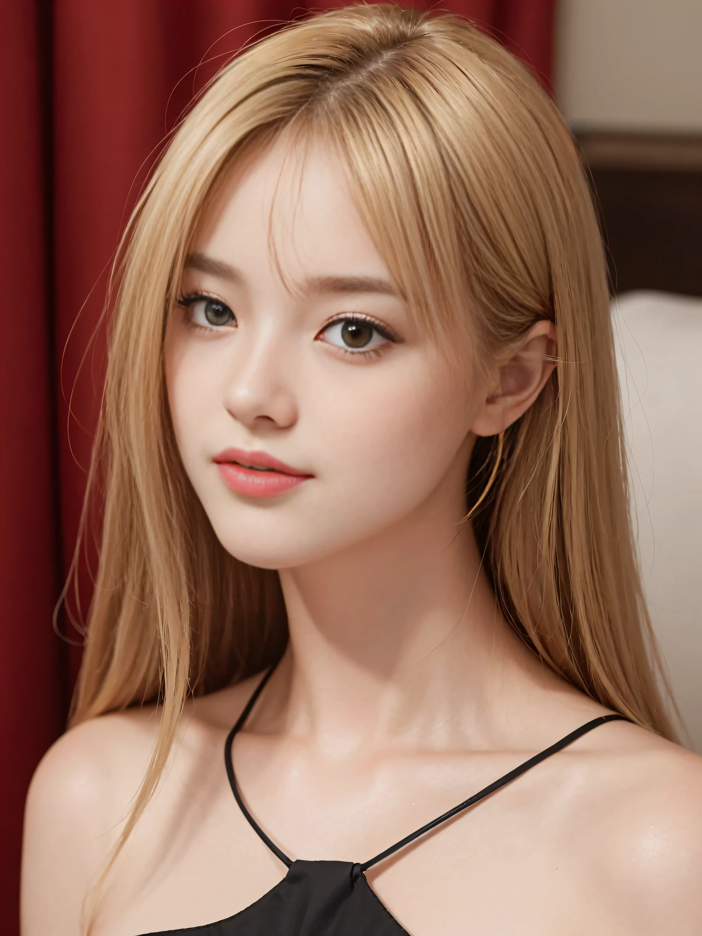 masterpiece, best picture quality, high quality, beautiful girl, Japanese, Japanese school girl, detailed, detailed eyes, detailed skin, beautiful skin, ultra high resolution, (reality: 1.4), very beautiful, slightly younger face, beautiful skin, slender, (ultra realistic), (illustration), (high resolution), (8K), (highly detailed), (best illustration), (beautifully detailed eyes), (super detailed), (wallpaper), (detailed face), looking at viewer, fine details, detailed face, smiling, looking straight ahead, angle from waist up, realistic photo, bright lighting, professional lighting, blonde, long hair, gorgeous red and black dress, mature woman, long stylish bangs, bedroom,