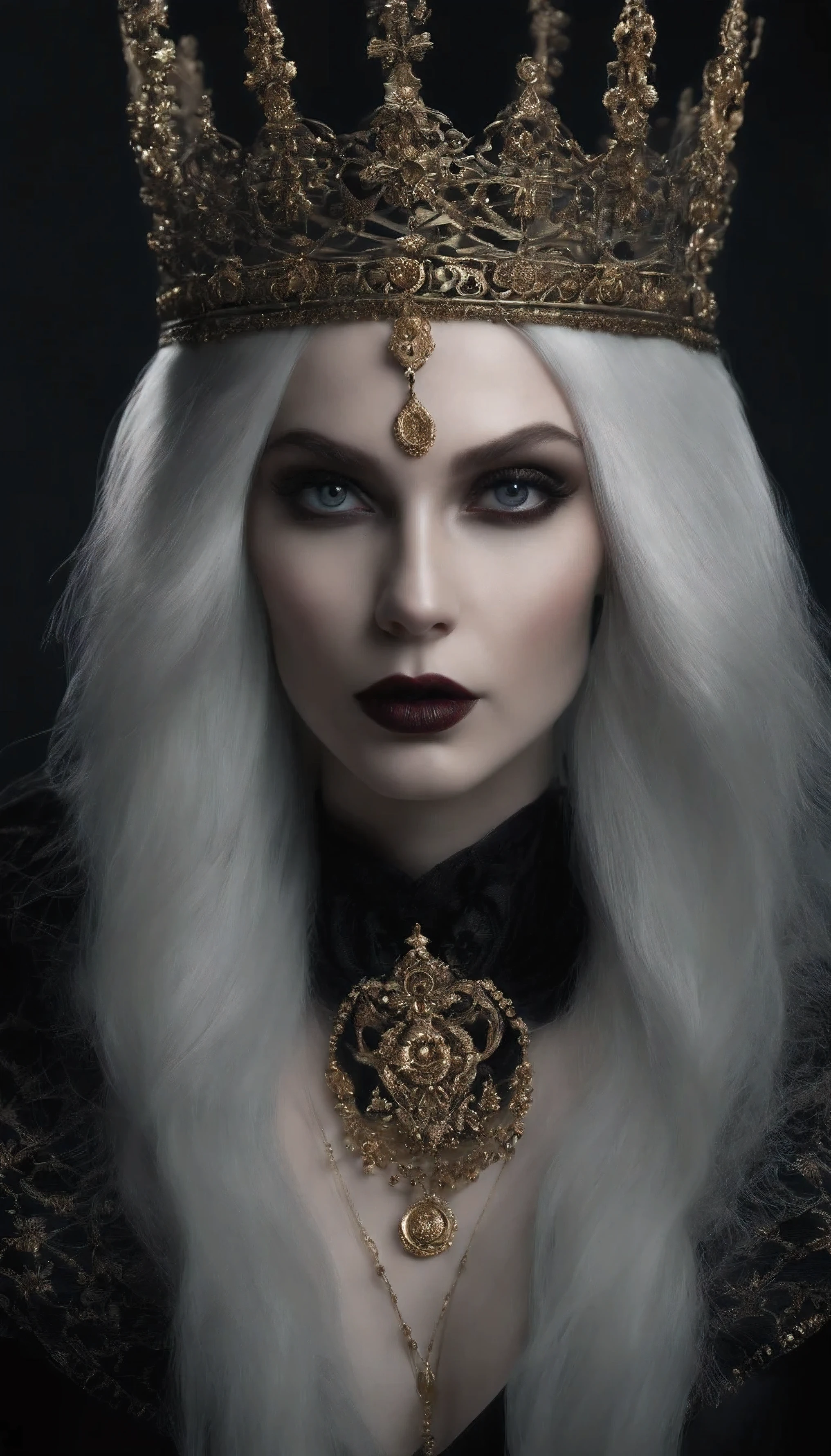 Realistic photo of a vampire girl with long straight bright white hair, clear cheekbones, perfect pale skin, detailed dark eyeliner, beautiful vampire eyes and stunning lush eyelashes. She is wearing a short Black dress with gold chains, Black, Like night, her body is splattered with blood, crown on head, she stands in front of a gothic temple, dedicated to her.
with gold and silver inserts, beautiful large chest, surrounded by darkness. Highly detailed 4K photo, realistic body and limb details. [Famous photographer: Tim Walker, Rendering engine: Unreal Engine, Dark and ethereal atmosphere, contrasting colors and textures].