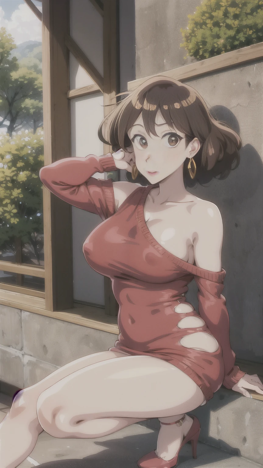 Misae Nohara, thick thighs, hourglass figure, half naked, Looking at the viewer with seductive eyes, man woman sex, high heels, Misae Nohara, exposed breasts, brown black hair, hard nipples, exposed vagina, hairy vagina, hard sex, best quality, highres, bbyorf, gold earrings, large breasts, jewelry, off shoulder, red transparent sweater, sweater transparent dress, long sleeves, no panties, outdoors,