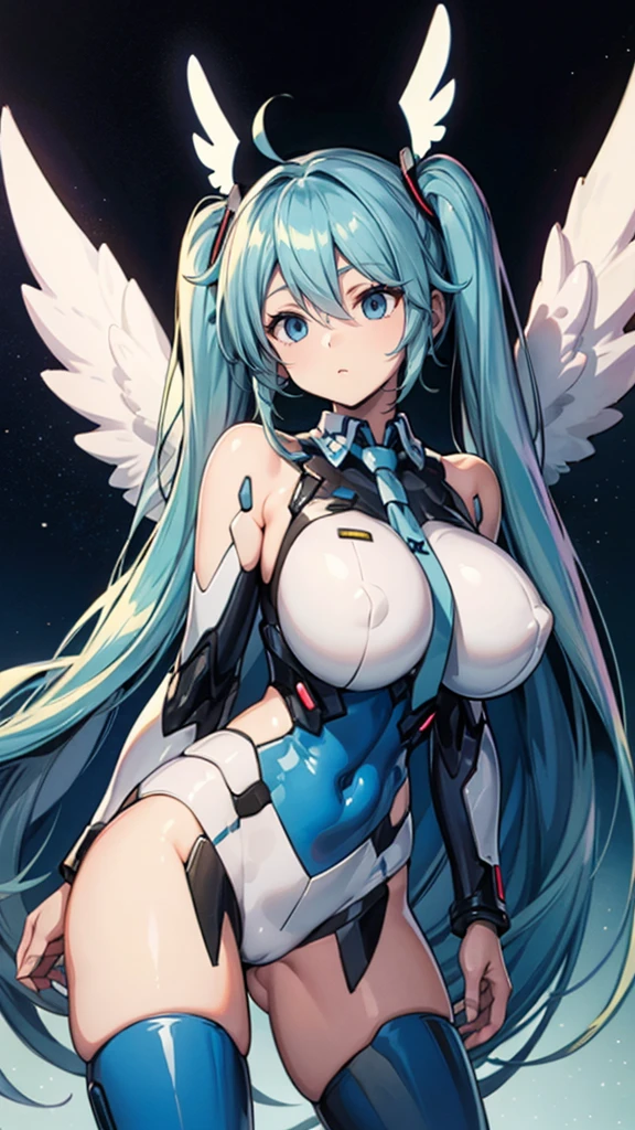 hatunemiku VOCALOID, twin tails, light blue eyes, light blue hair, huge breasts, Angel wing, mecha girl,