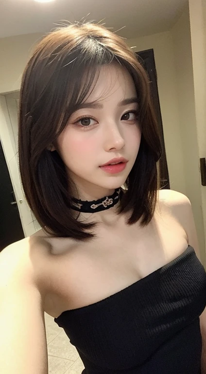 {masterpiece},{highest quality},{One girl}, cute, wonderful, Beautiful fine details, **,Bob Hair, Brown Hair,In detail,Depth of written boundary,Highly detailed CG,original, Highly detailed wallpaper,, View your viewers、,black、Small breasts青い目、Hotel、choker、Heel、,,topless,Functional,topless,Underless，pubic hair,underless,Small breasts