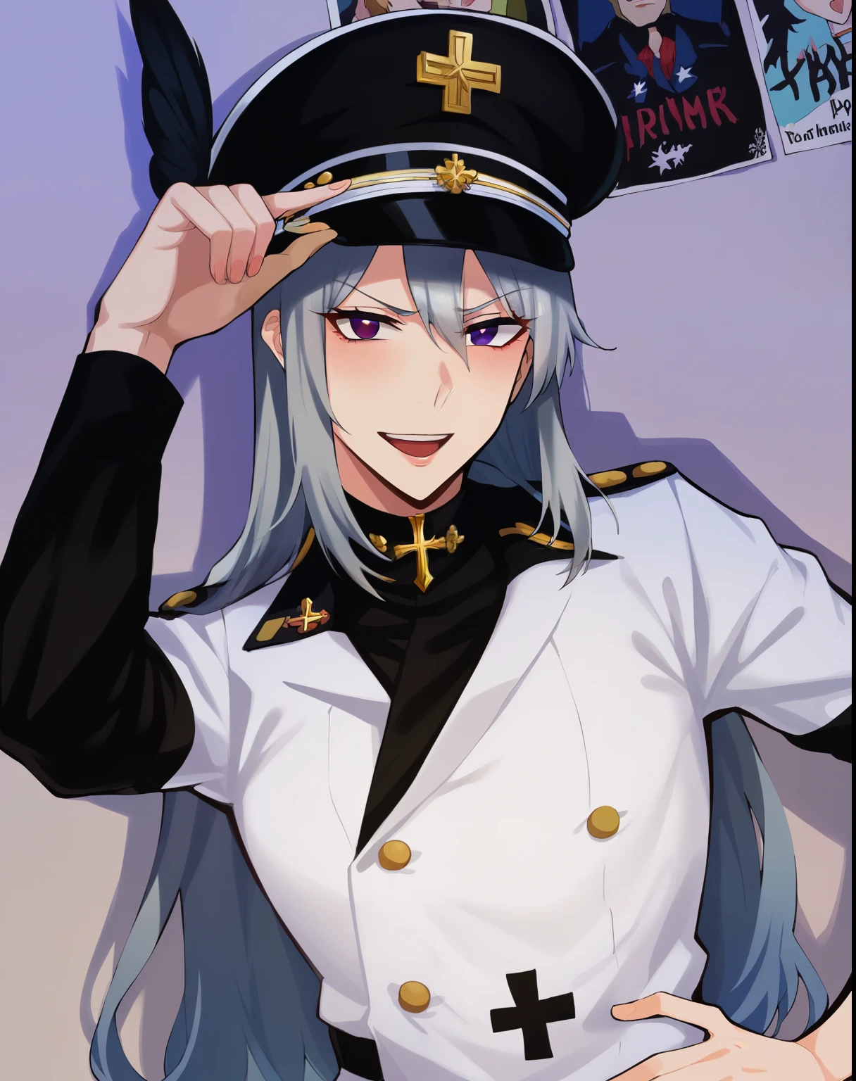 A female cosplayer with long gray hair is wearing a white military uniform and a hat with a black cross emblem. She is posing with her hand holding the brim of the hat, showing a confident expression. The background of the picture shows posters with a dark theme, adding to the mysterious and intense atmosphere