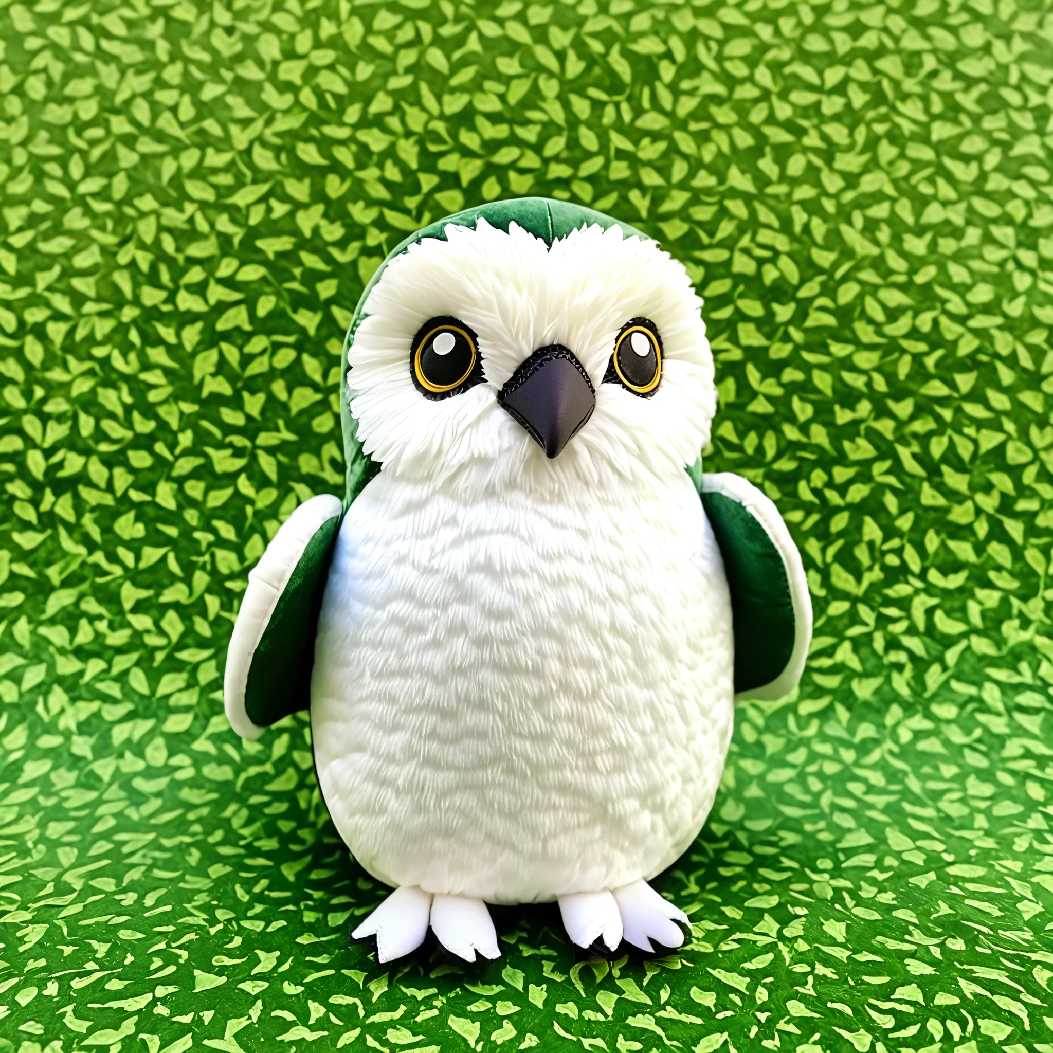 gray and white falcon in ternurin style, small, kawaii, cute, velvet texture, toy, TERNURIN, green background