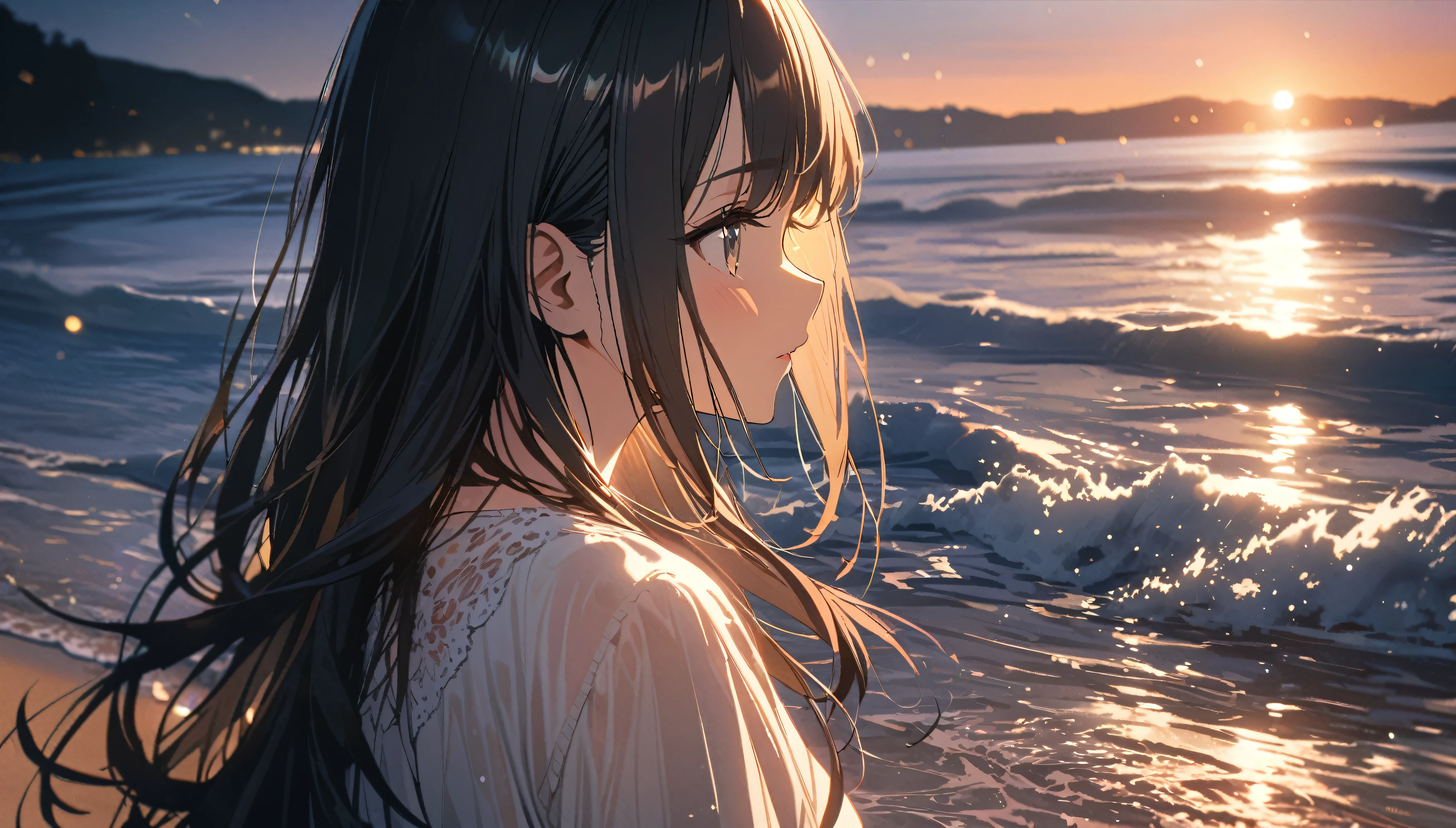 Angelic, 1girl, black long straight hair, sharp hair, facial profile, looking back, , on the beach, splash of water, lens flare, evening, bright, natural color, high-res, super delicate, ultra detailed, 8k