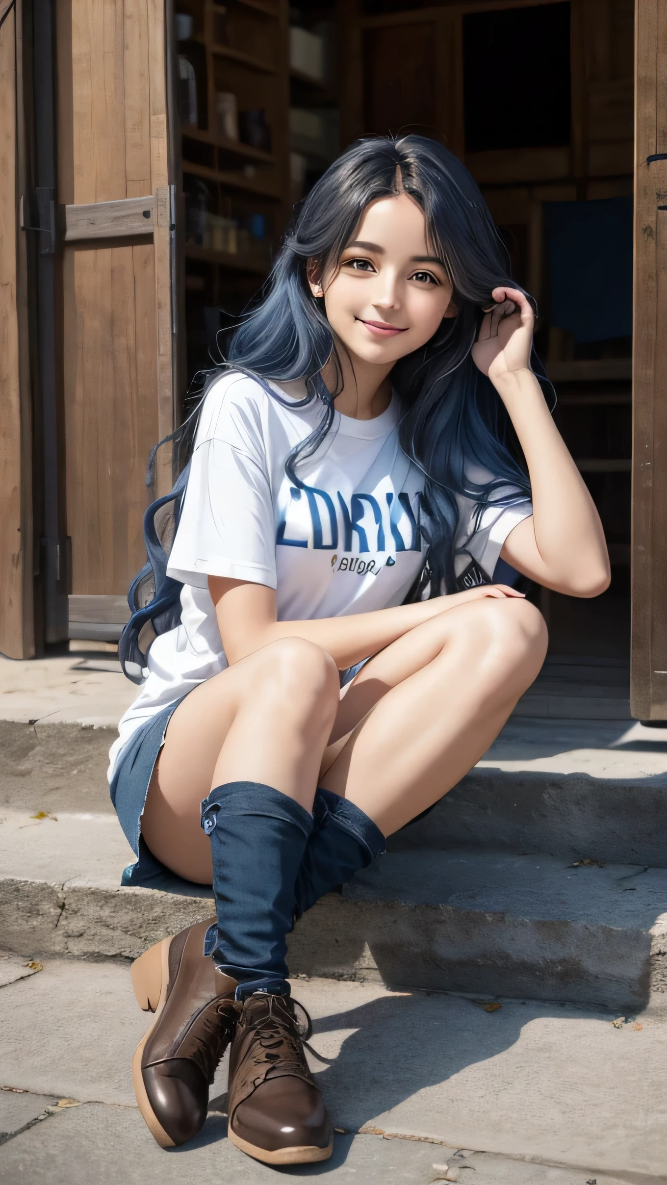 une jeune femme dans la vingtaine, with long wavy blue hair of a soft brown framing a delicate face. Her warm smile lights up her face and transmits positive energy. Nous voyons tout son corps. Elle a une jupe noire et un teeshirt. elle porte aussi des chaussures noires. Elle est assise