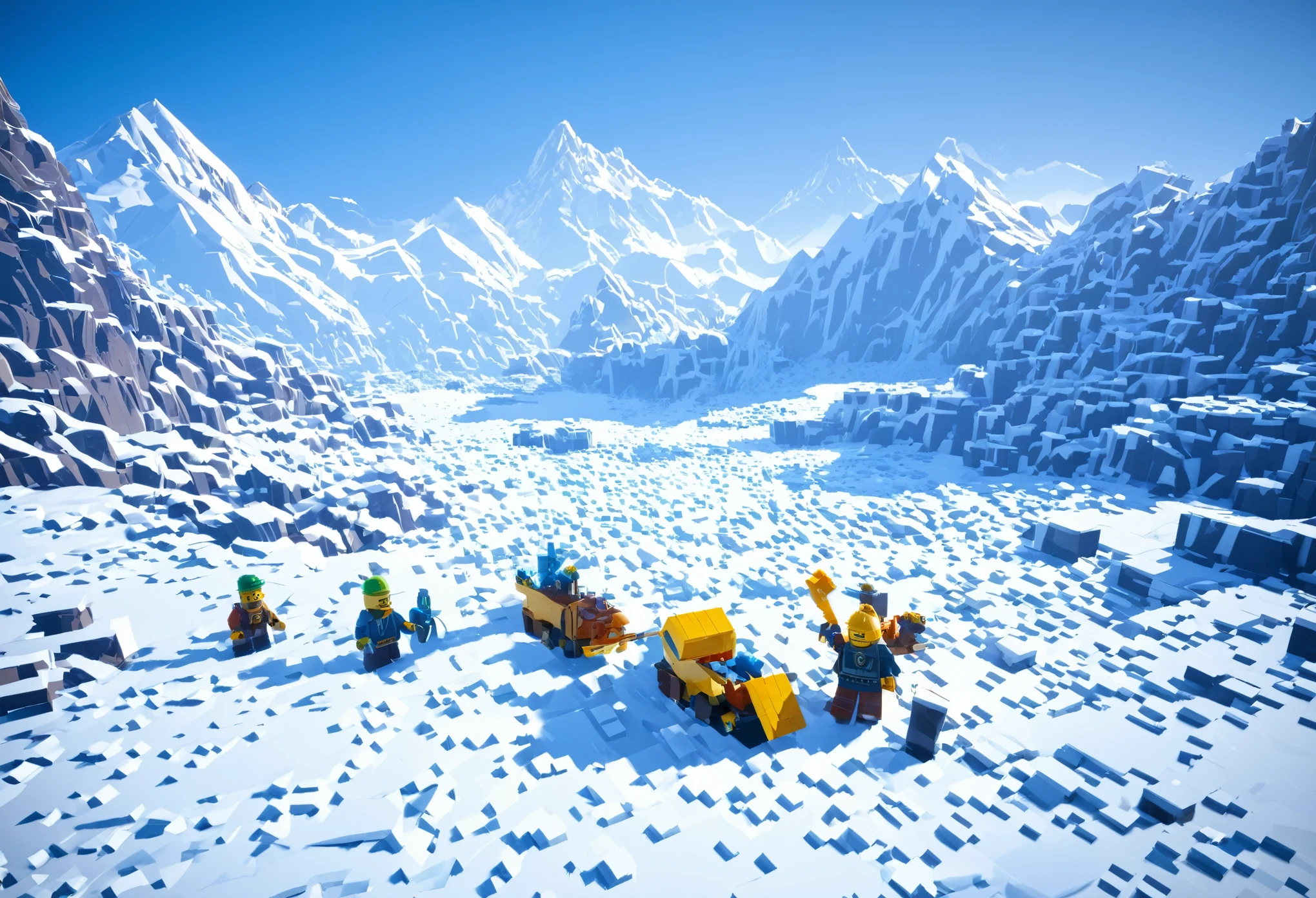 minecraft, environment, cubic, lego, snow, ice, mountains, characters, enemies, snowing, slippery, concept art, artstation,