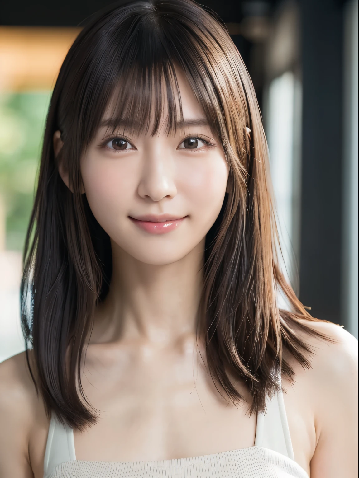 1 Japanese girl, (RAW Photos, highest quality), (Realistic, Realistic:1.4), Tabletop, Very delicate and beautiful, Very detailed, 8k wallpaper, wonderful, In detail, Very detailedなCG Unity, High resolution, Soft Light, Beautiful details 19 years old, Very detailedな目と顔, Beautiful and detailed nose, Beautiful details,Cinema Lighting,Perfect Anatomy,Slender body,smile  (Asymmetrical bangs), Beautiful illustrations, (Natural Side Lighting, Cinema Lighting), (Perfect Anatomy:1.4), Cute and symmetrical face, White skin, Shiny skin, (Casual Fashion)