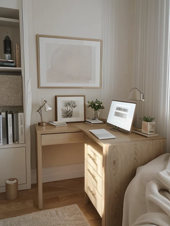 A minimalist bedroom, 1girl, student desk, natural lighting, warm tones, clean lines, simple decor, soft textures, cozy atmosphere, calming mood, delicate details, serene environment, elegant style, gentle color palette, soft lighting, comfortable setting, peaceful ambiance, relaxing vibes, dreamy atmosphere, soothing tones, natural materials, airy space, minimal clutter, refined aesthetic, calming presence, harmonious design, tranquil mood, understated elegance