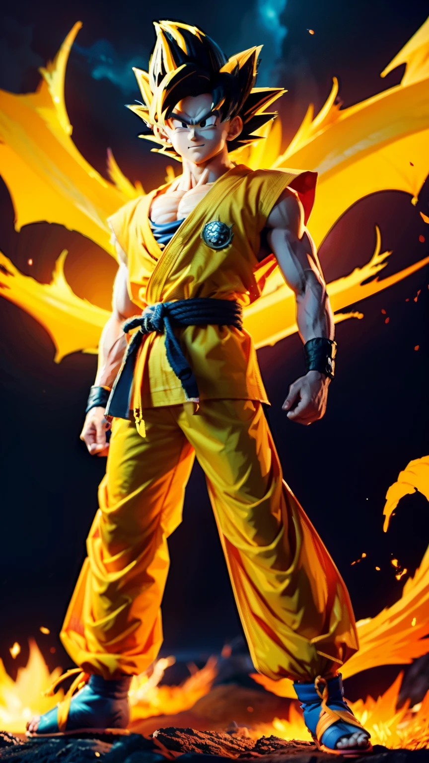 Create an image of Son Goku from Dragon Ball. He should be standing proudly with his arms crossed, wearing his iconic orange gi with the "Kame" symbol on the back. His black hair should be spiky and wild. The background should be vibrant and energetic, with a hint of the Dragon Ball world.