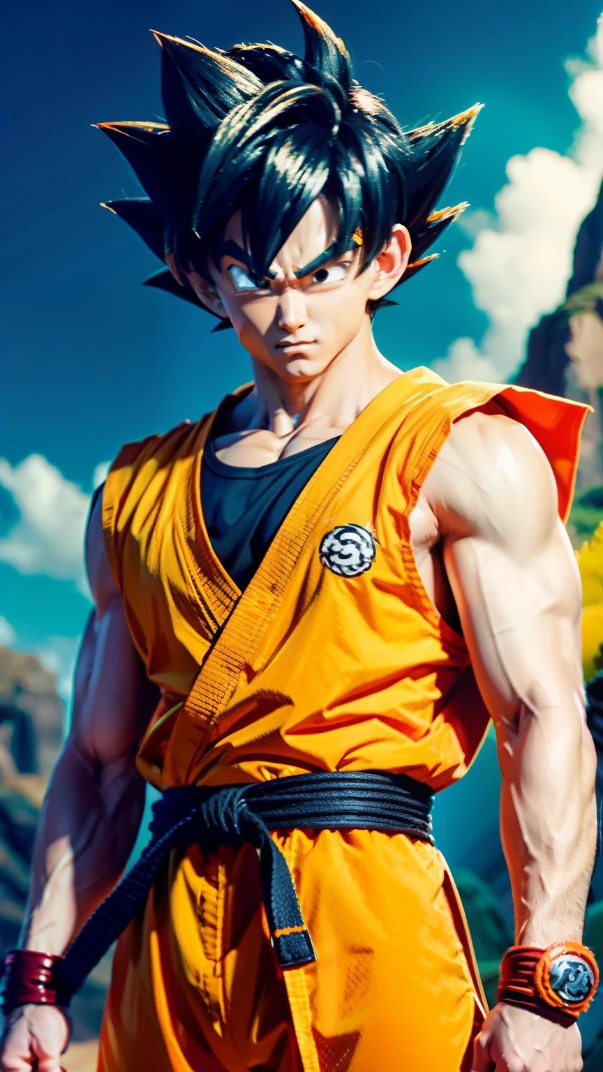 Create an image of Son Goku from Dragon Ball. He should be standing proudly with his arms crossed, wearing his iconic orange gi with the "Kame" symbol on the back. His black hair should be spiky and wild. The background should be vibrant and energetic, with a hint of the Dragon Ball world.