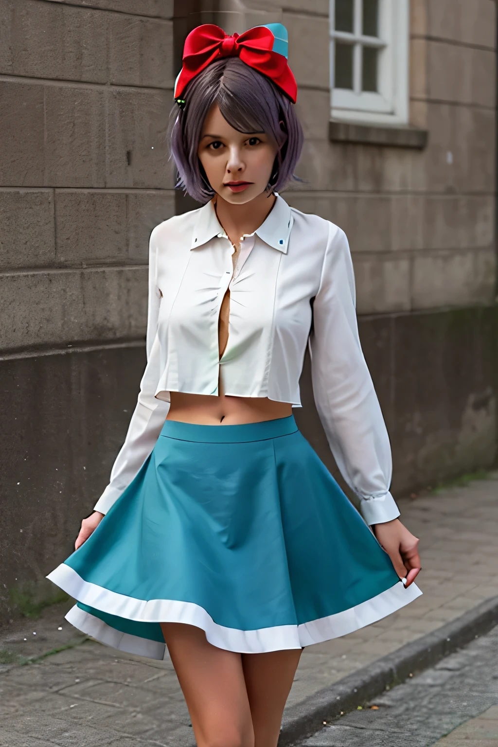 a girl Beautiful respect responsibility strict good big chest Short purple hair cut round her brown eye she dresses White blouse with closure blue line shows navel and a long blue skirt green heel put two red bow on her head