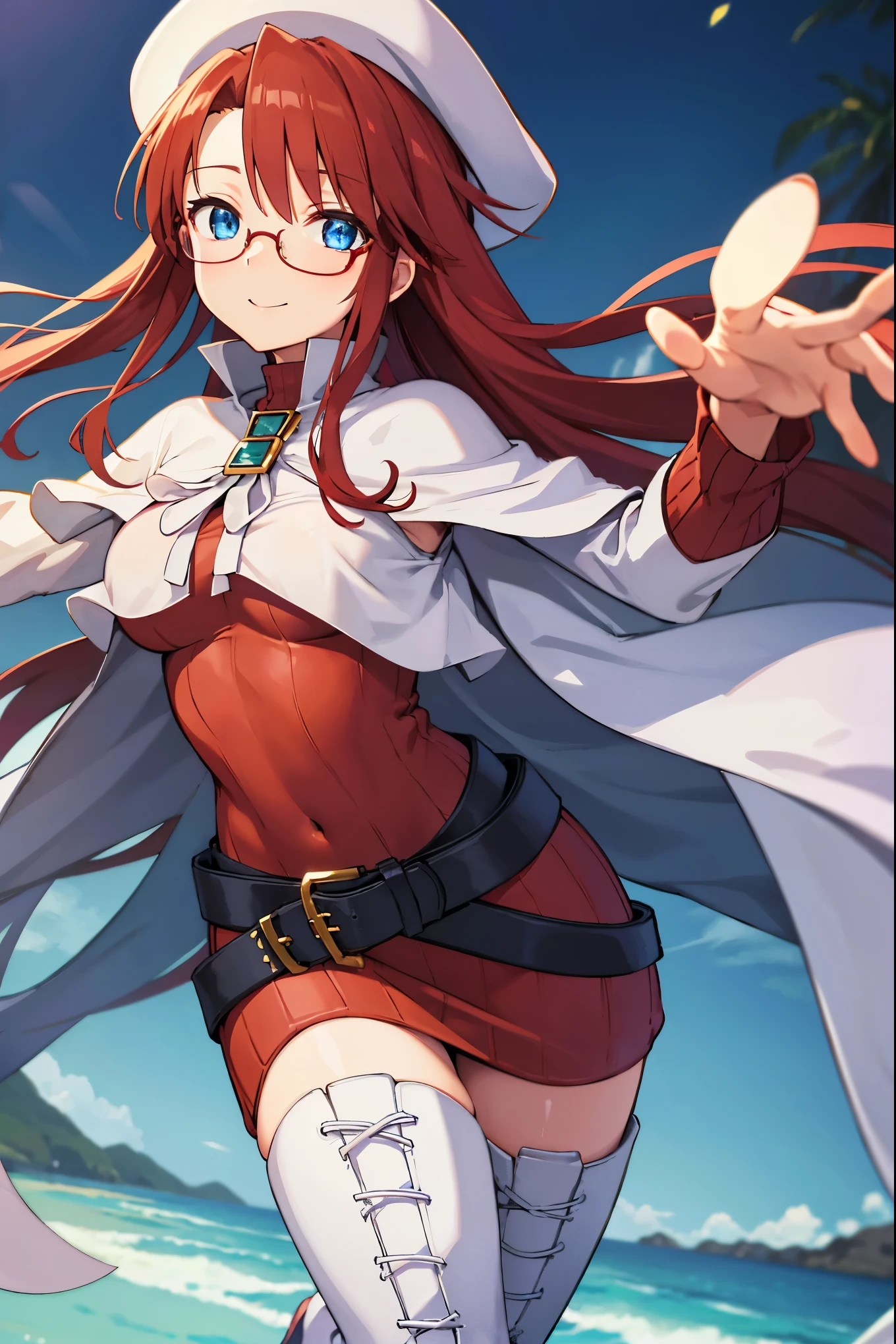 summonnightaty, aty, (young:1.3),long hair, blue eyes, red hair, large_beret, hat, glasses,
BREAK long hair, thighhighs, hat, dress, boots, glasses, belt, cape, sweater, zettai ryouiki, beret, thigh boots, white footwear, ribbed sweater, loose belt,solo,
BREAK outdoors, fantasy,on_the_ship,on_the_ship's_railing
,
BREAK (masterpiece:1.2), best quality, high resolution, unity 8k wallpaper, (illustration:0.8), (beautiful detailed eyes:1.6), extremely detailed face, perfect lighting, extremely detailed CG, (perfect hands, perfect anatomy),covered_nipples,covered_navel,light_smile ,(half_eyes:1.4),long_sword,armpit,sleepy,dynamic_fighting_pose,barrel,red_sweater,apart_legs,magical_effect,spread_legs, have_a_book,teacher,rise_knee,kind_face