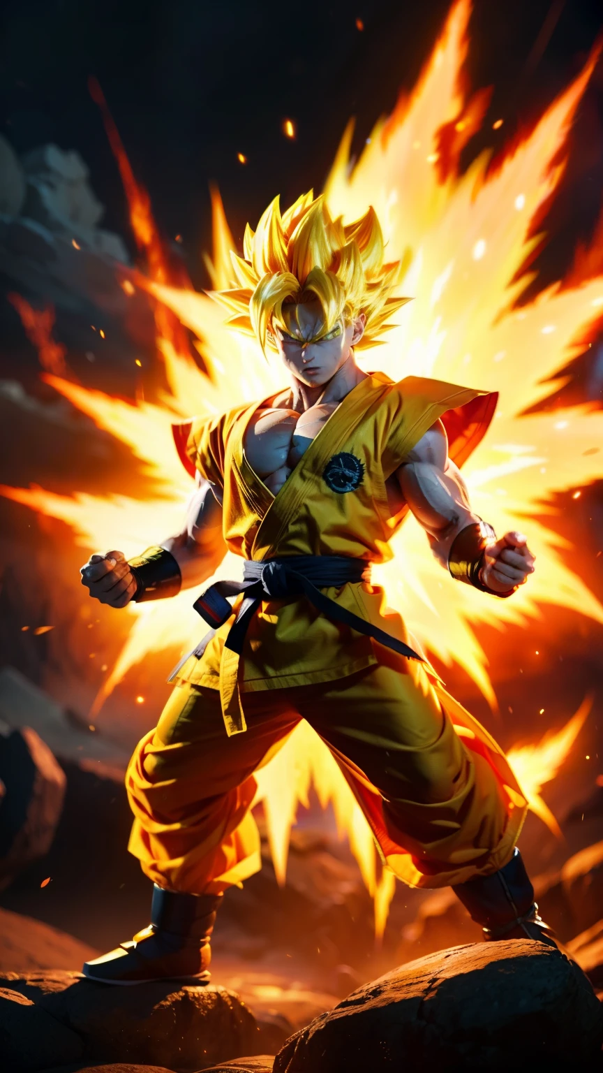 Create an image of Son Goku as a Super Saiyan. He should have golden hair and a fierce expression. His orange gi should be torn slightly from battle, and a glowing aura should surround him. The background should be a battle-scarred landscape.