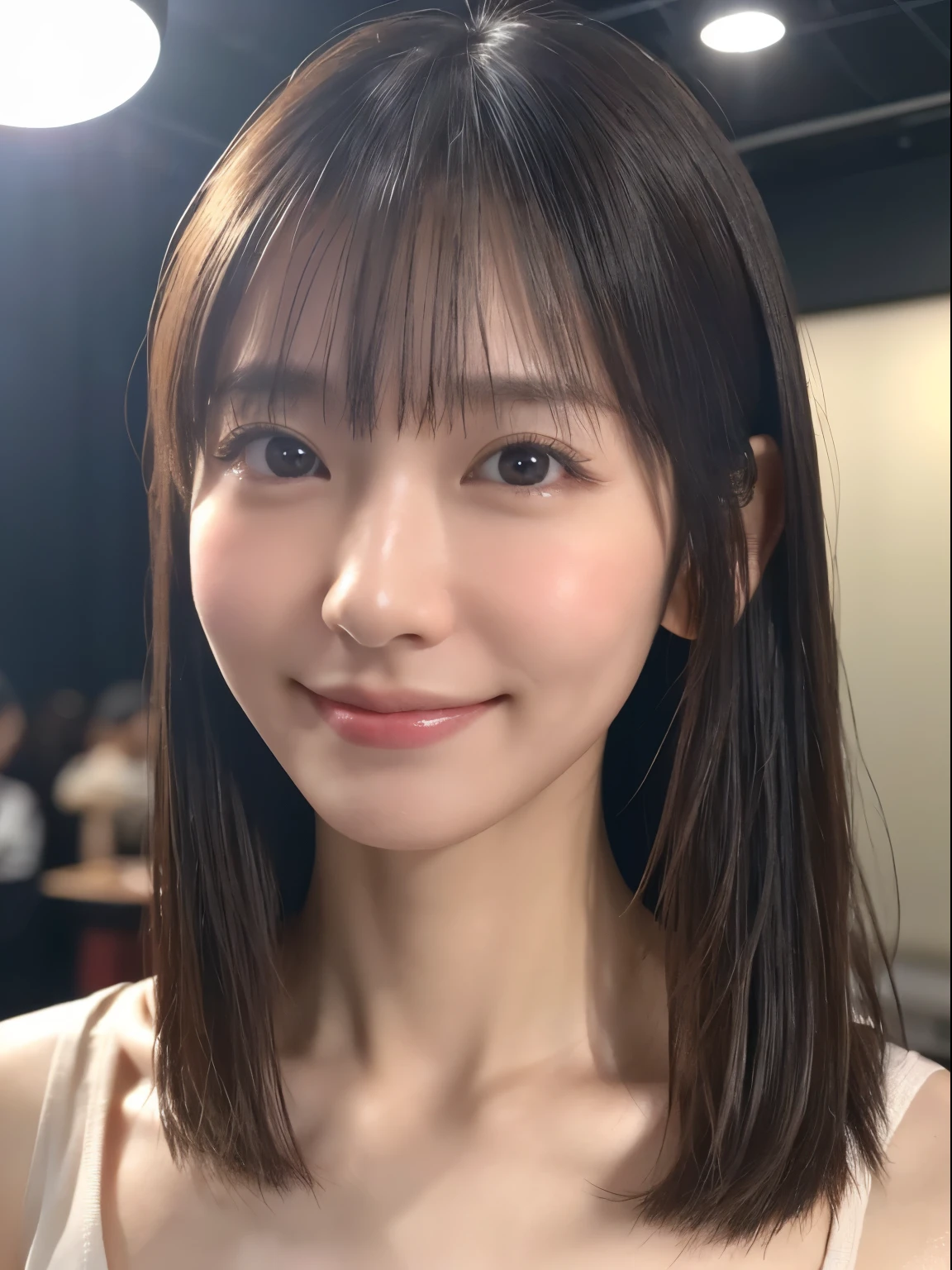 1 Japanese girl, (RAW Photos, highest quality), (Realistic, Realistic:1.4), Tabletop, Very delicate and beautiful, Very detailed, 8k wallpaper, wonderful, In detail, Very detailedなCG Unity, High resolution, Soft Light, Beautiful details 19 years old, Very detailedな目と顔, Beautiful and detailed nose, Beautiful details,Cinema Lighting,Perfect Anatomy,Slender body,smile (Asymmetrical bangs), Beautiful illustrations, (Natural Side Lighting, Cinema Lighting), (Perfect Anatomy:1.4), Cute and symmetrical face, White skin, Shiny skin, (Casual Fashion)