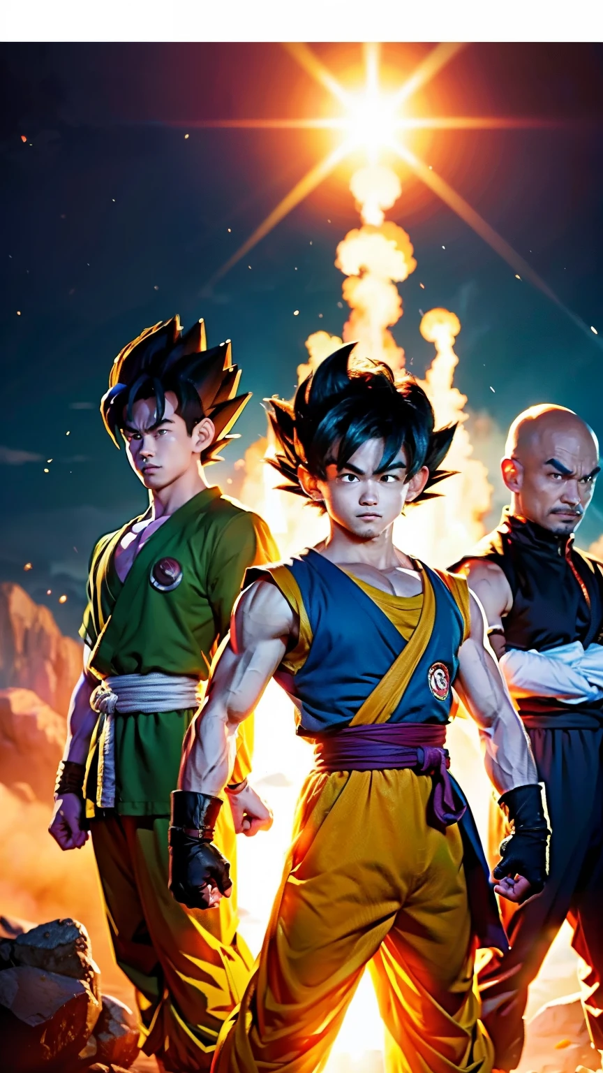 Create an image of Son Goku with his friends from Dragon Ball. He should be standing in the center, with characters like Vegeta, Piccolo, and Krillin beside him. Everyone should be in fighting poses, ready for battle. The background should be a unified and powerful scene.

