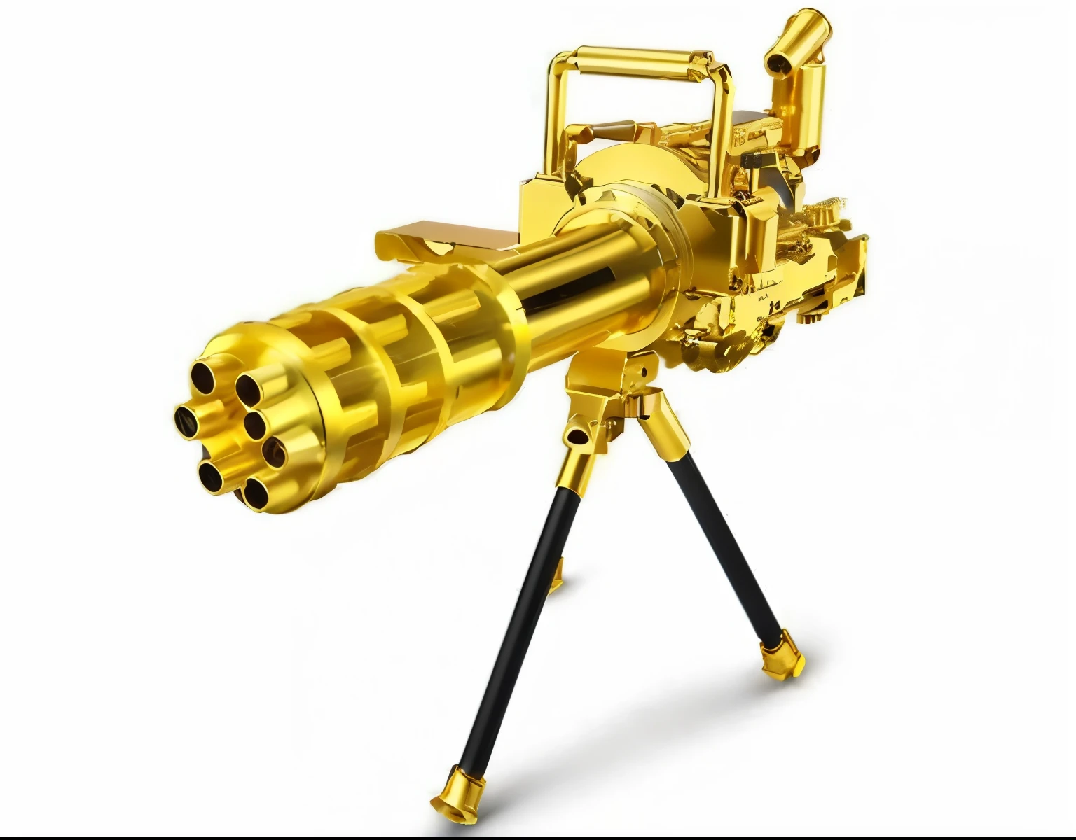 a close up of a gold gun on a tripod, minigun, gatling gun, vulcaon machine gun, gold-shot, biopunk toys made in china, laser cannon, laser gun, shiny gold, masterpiece cannon, rocket launcher, gold metal, 90mm, 9 0 mm, anime machine gun fire, machine gun, 24k
