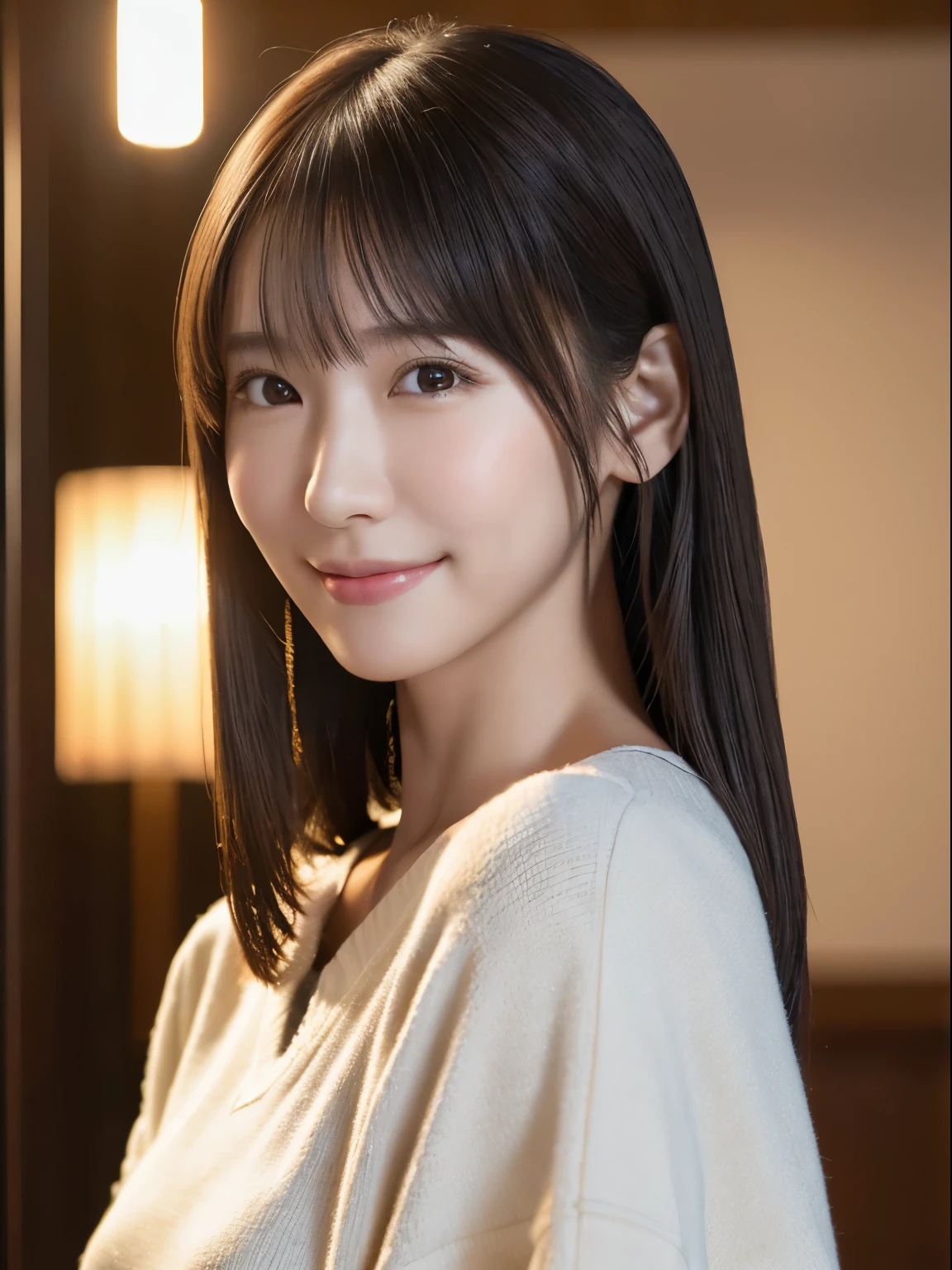 1 Japanese girl, (RAW Photos, highest quality), (Realistic, Realistic:1.4), Tabletop, Very delicate and beautiful, Very detailed, 8k wallpaper, wonderful, In detail, Very detailedなCG Unity, High resolution, Soft Light, Beautiful details 19 years old, Very detailedな目と顔, Beautiful and detailed nose, Beautiful details,Cinema Lighting,Perfect Anatomy,Slender body,smile  (Asymmetrical bangs), Beautiful illustrations, (Natural Side Lighting, Cinema Lighting), (Perfect Anatomy:1.4), Cute and symmetrical face, White skin, Shiny skin, (Casual Fashion)