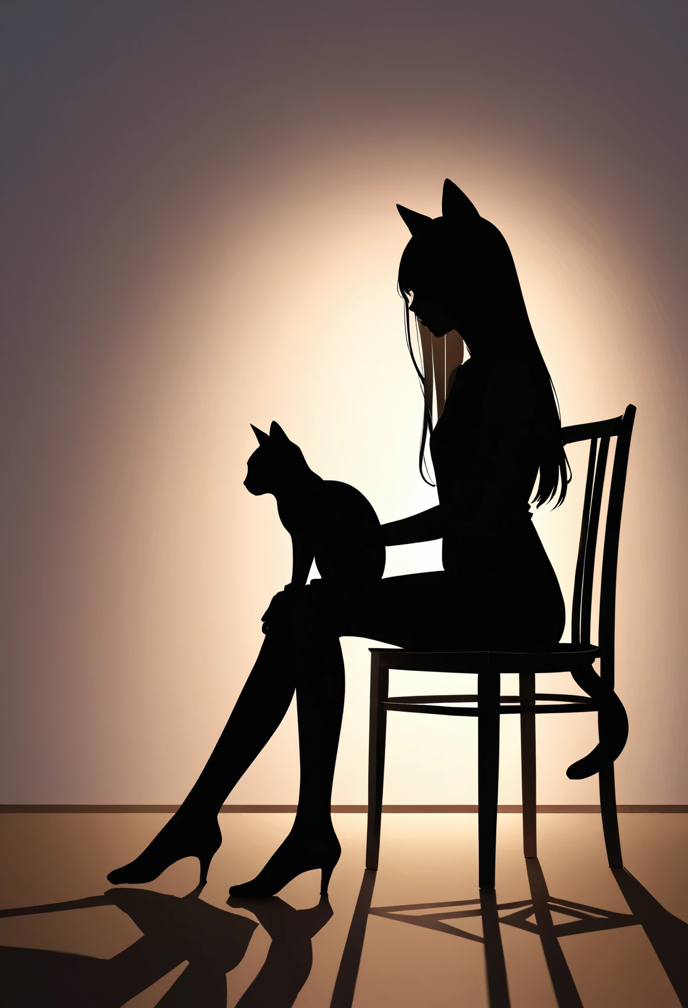 the silhouette of a beautiful slender girl with long hair in a sitting position in the form of a shadow, it is possible with cat ears,Xill