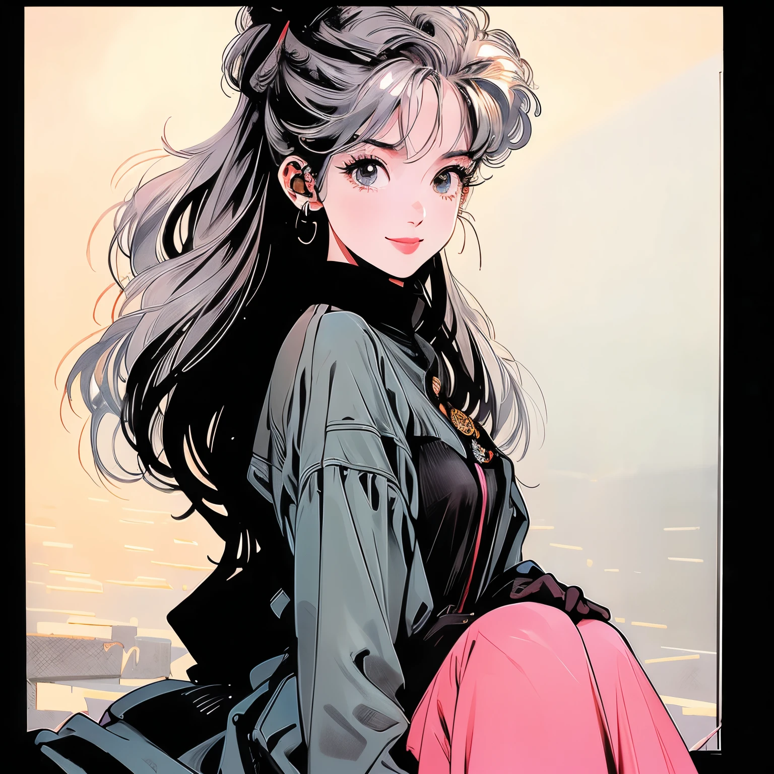 whole body、Beauty、1 female、4k、one piece、pedestrian crossing、Signal 、intersection、Complex background、Detailed Hair、smile、Transparent gray hair、Hair tied up、Faint lighting、Rainbow in the sky