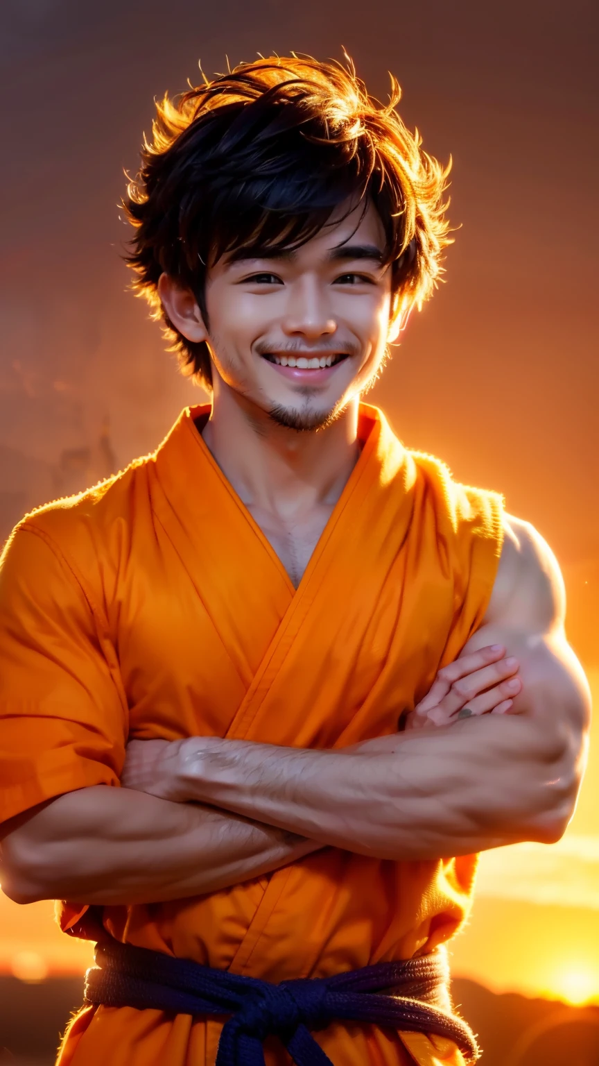 Create an image of Son Goku smiling warmly. He should be standing casually, with a friendly and inviting expression. His orange gi should be clean and intact, and the background should be a peaceful, serene landscape.