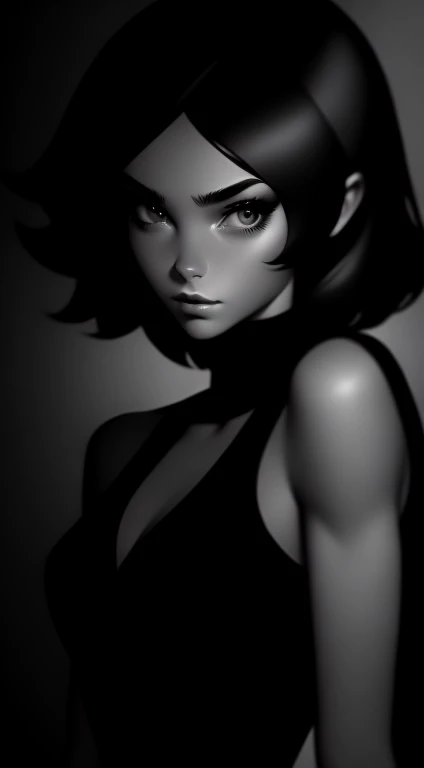 Beautiful 20yr old girl, detailed, muscular, short black dress with peter pan collar, female femme dessin, simple, Noir et blanc, Shady, black and white ink, looking at viewer.