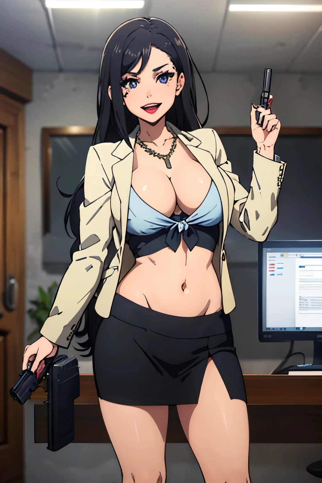 , 1female_knight, masterpiece, best quality, highly detailed,breasts,skirt,cleavage,long hair,skirt
suit,suit,formal,jewelry,necklace,micro pencil skirt,jacket,smile,makeup,looking at viewer,business suit,
lipstick,office lady,mature female,micro miniskirt,indoor,office,office lady ,smile, open mouth, (nsfw) not
safe for work, holding a gun, evil expression, exposed belly, exposed navel, exposed midriff, exposed
lower belly , lipstick,